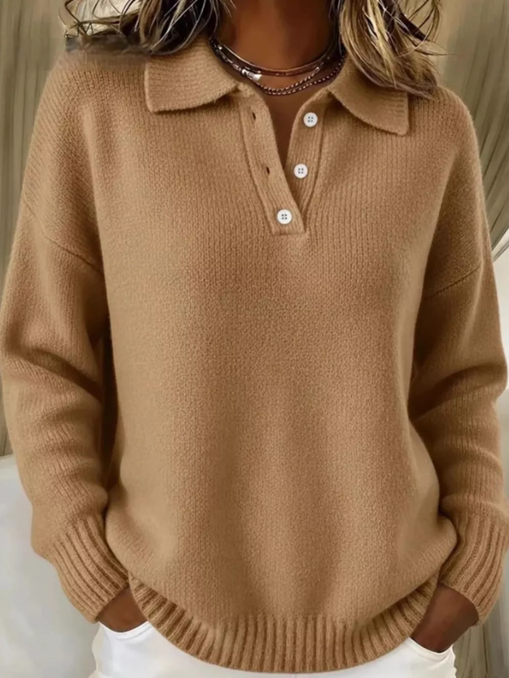 Full Size Button Detail Dropped Shoulder Sweater Plus Size, image 11