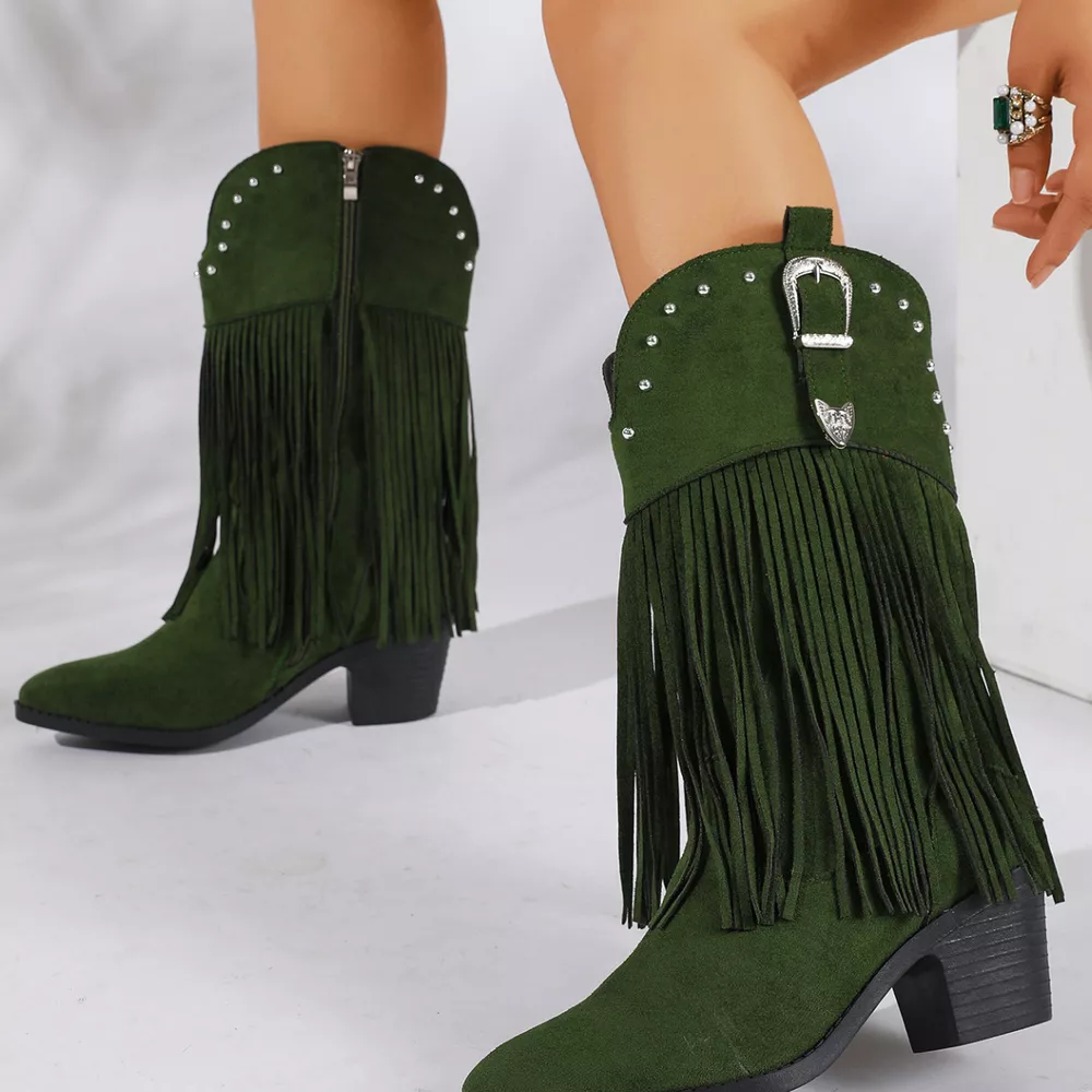 Fringe Round Toe Block Heels Boots, image 11