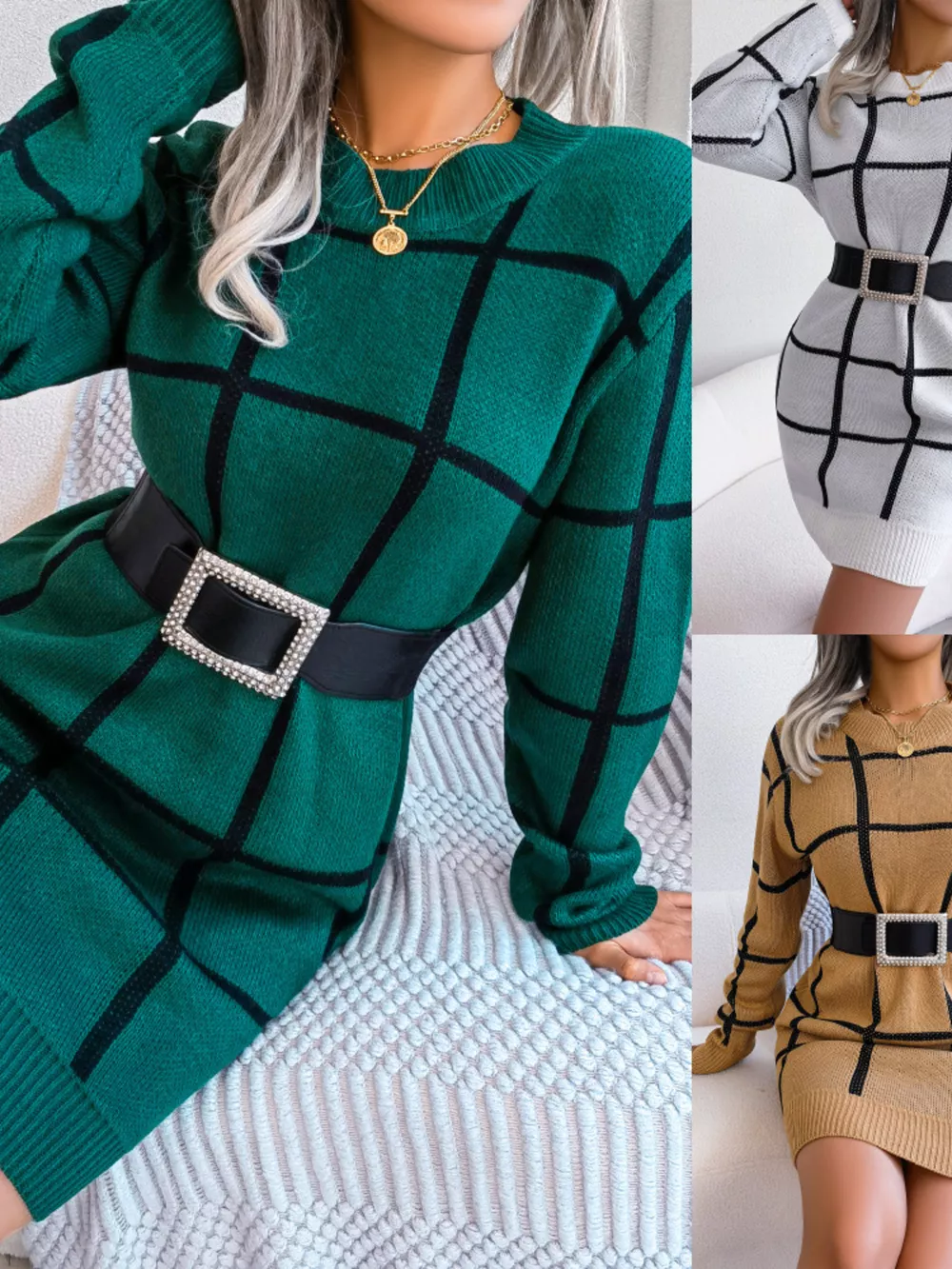 Plaid Pattern Long Sleeve Sweater Dress, image 7