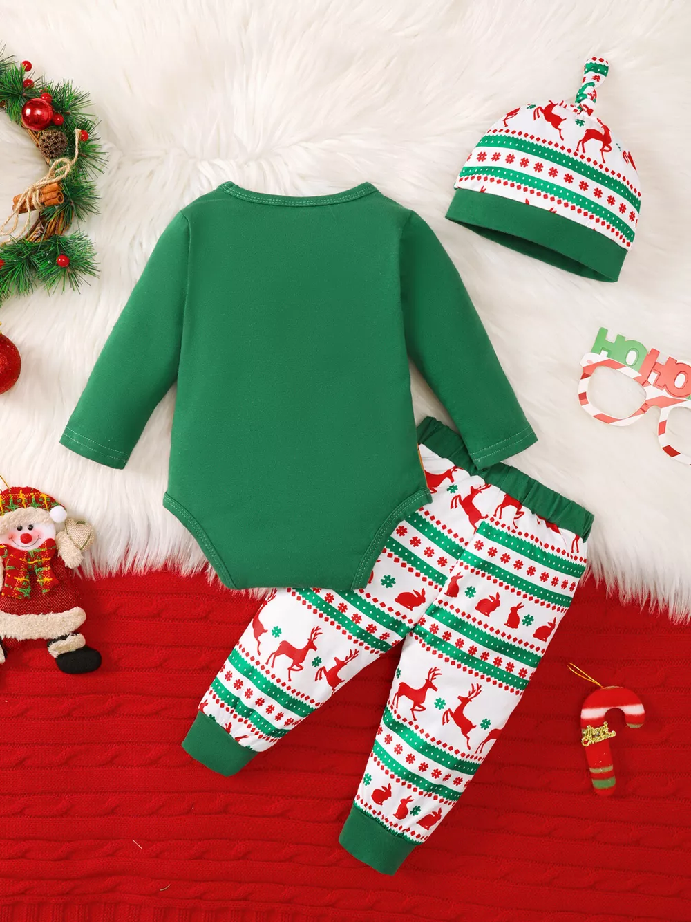 Children's Christmas Santa and Reindeer Print Long Sleeve Bodysuit and Pants Set with Hat, image 5