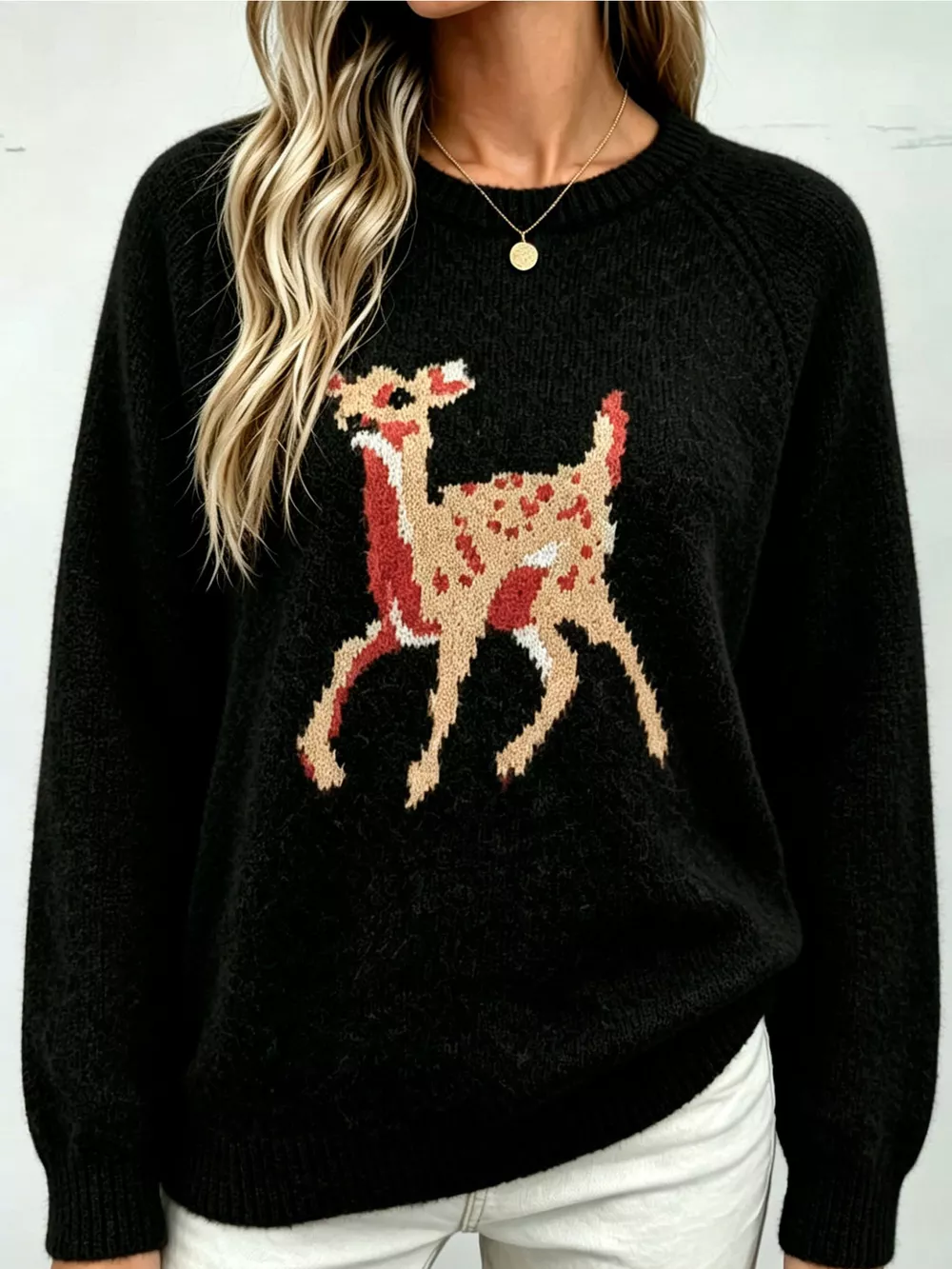 Deer Pattern Raglan Sleeve Sweater, image 7