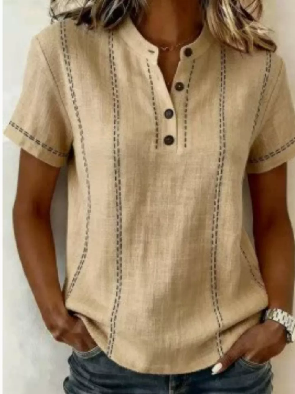 Full Size Button Detail Short Sleeve Blouse Plus Size, image 7