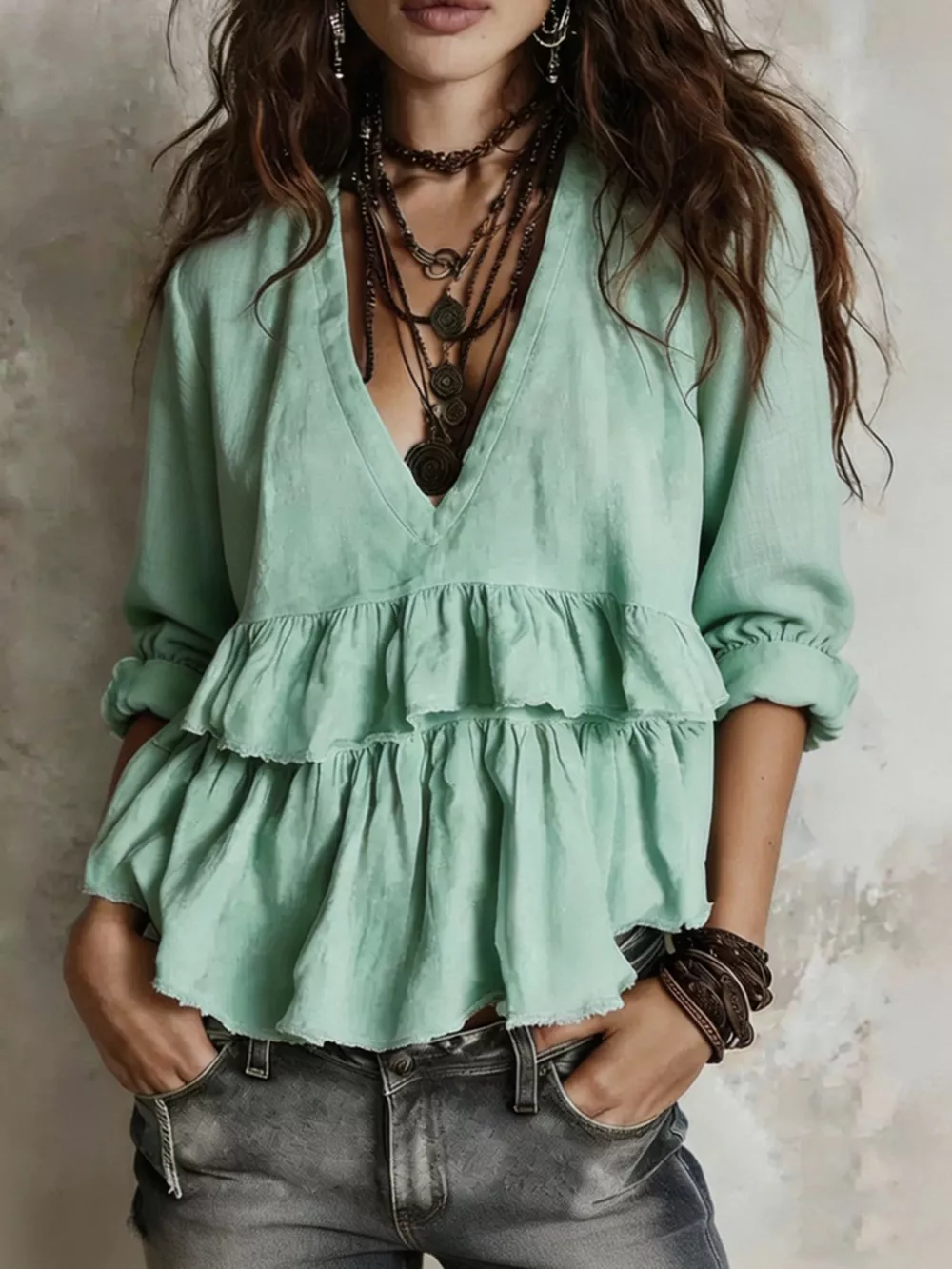 Full Size Ruffled Hem V-Neck Blouse Plus Size, image 5