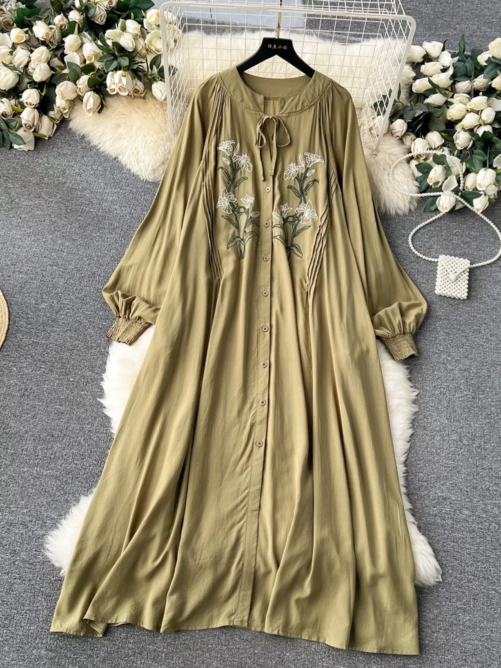 Floral Button Front Long Sleeve Dress