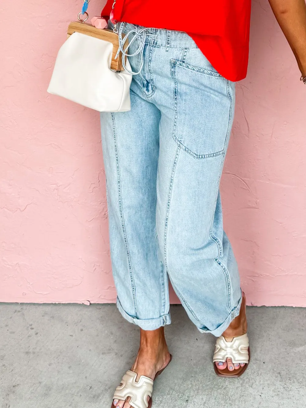 Drawstring Washed Relaxed Fit Boyfriend Jeans, image 3