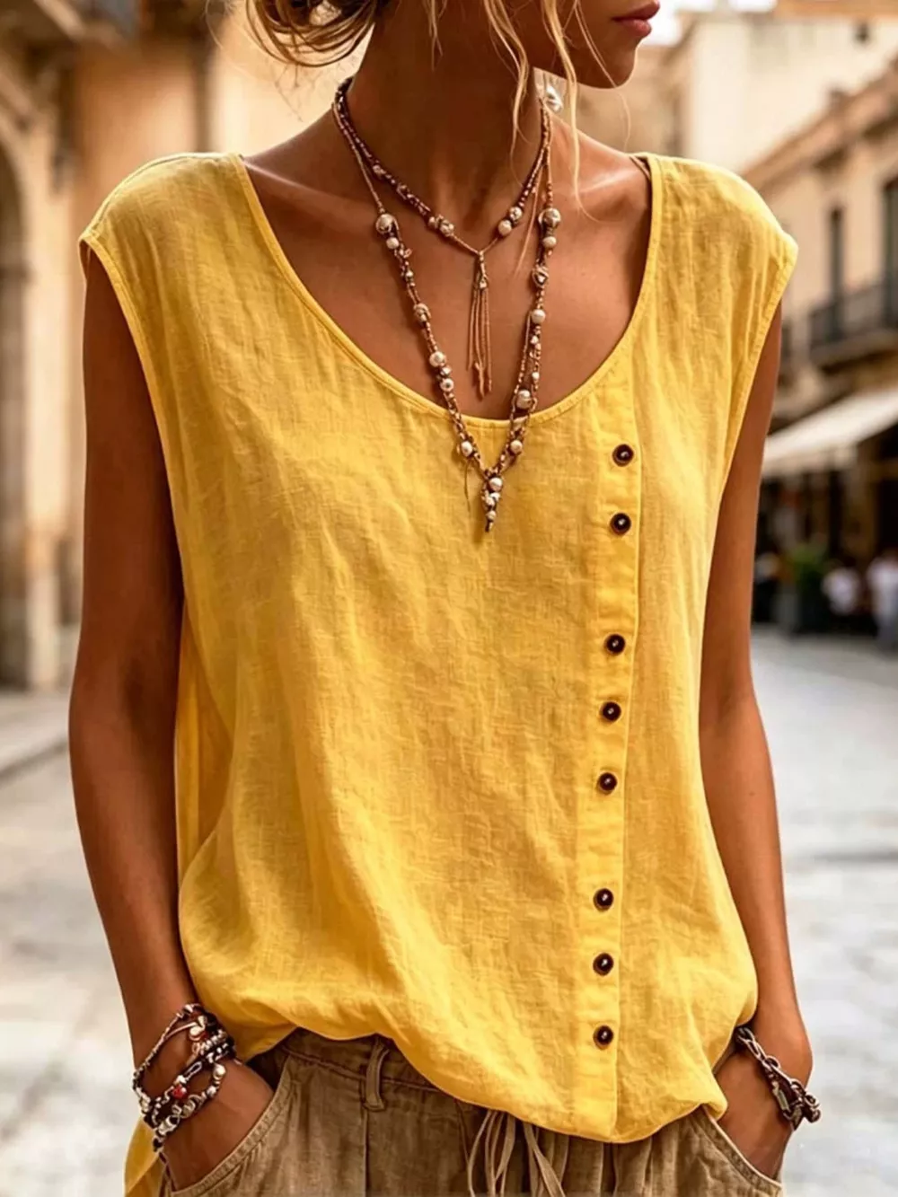 Full Size Round Neck Decor Button Tank Plus Size, image 5