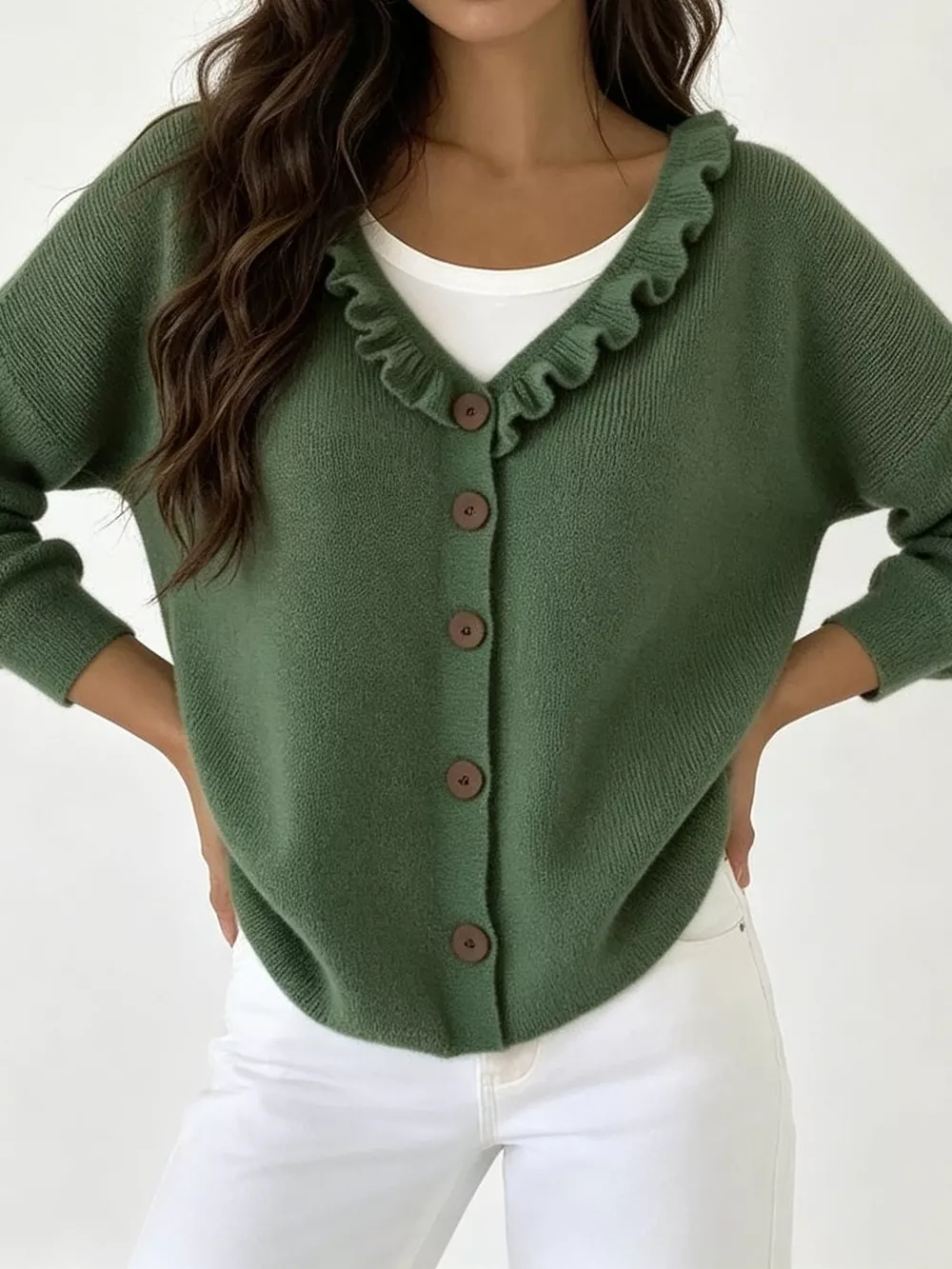 Ruffled Neckline Button-Up Cardigan, image 16