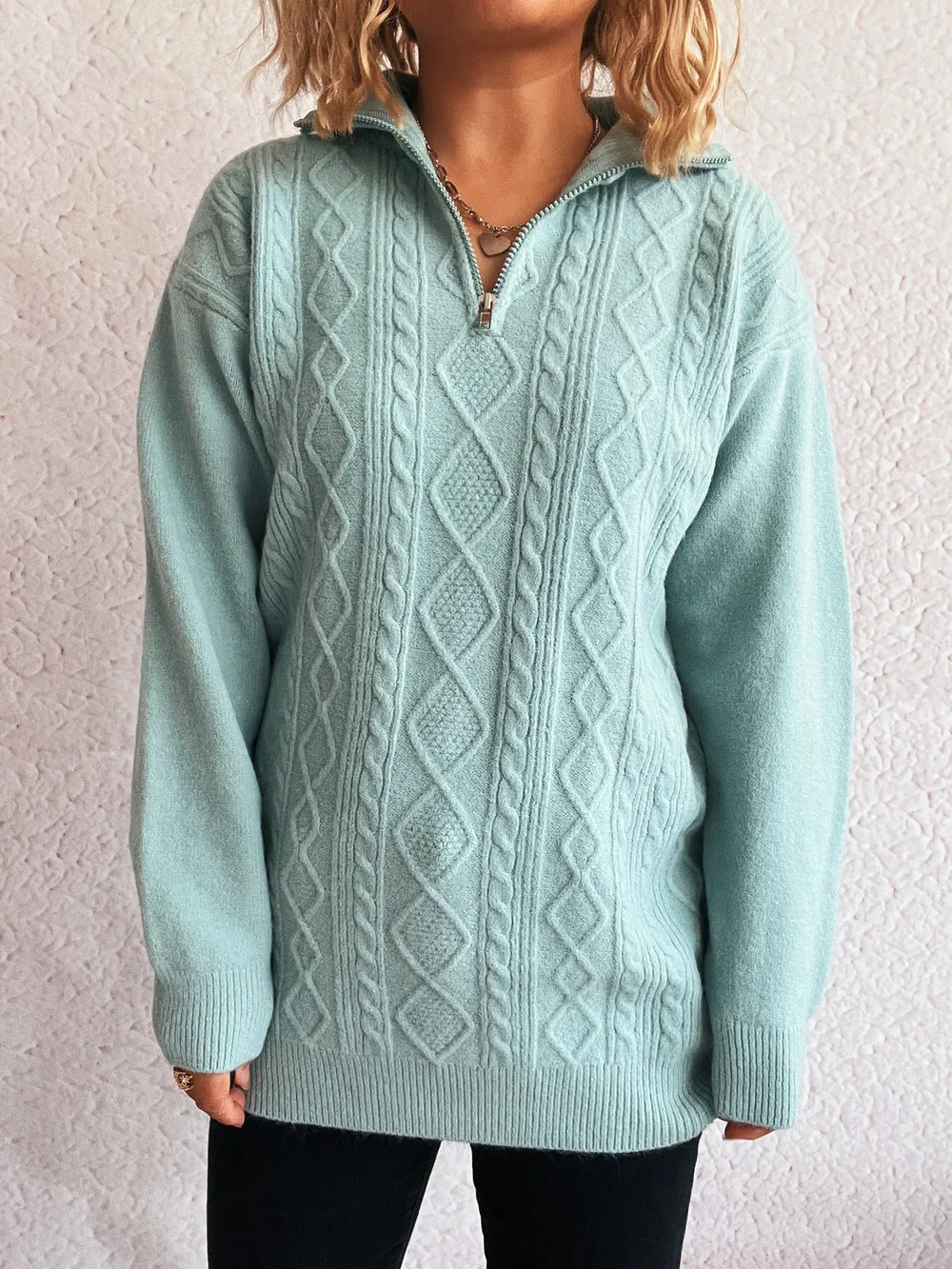 Texture Zip Collar Long Sleeve Sweater, image 6
