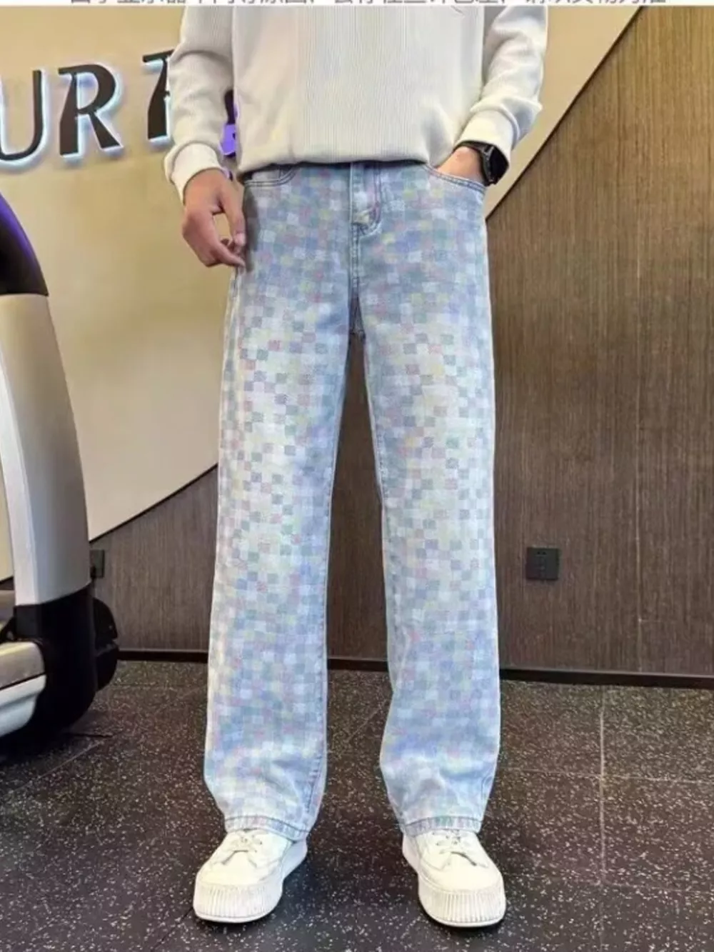 Men's Full Size Pastel Checkerboard Wide-Leg Jeans Plus Size, image 2