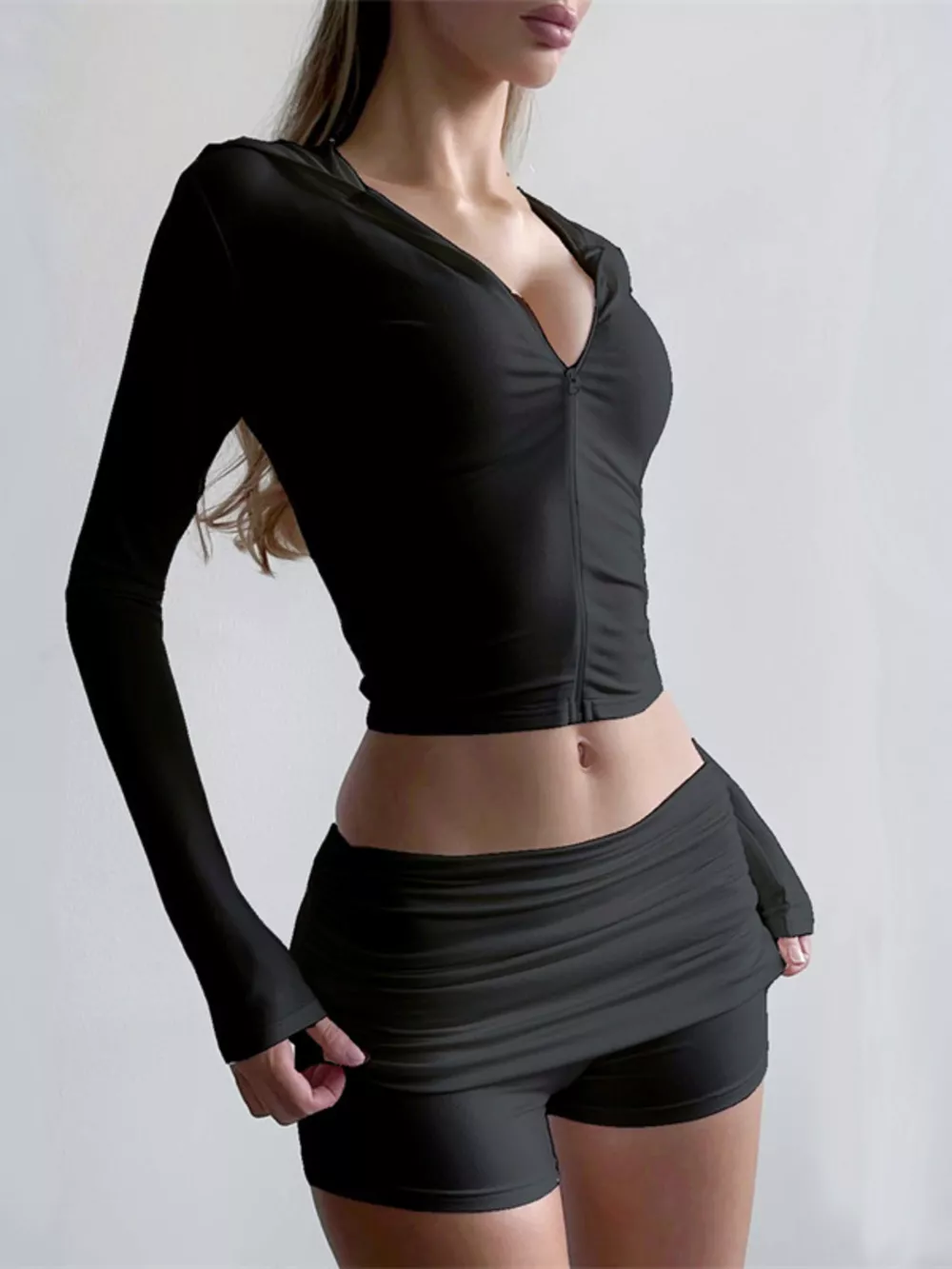 Long Sleeve Zip-Up Hoodie and Ruched Shorts Set, image 9
