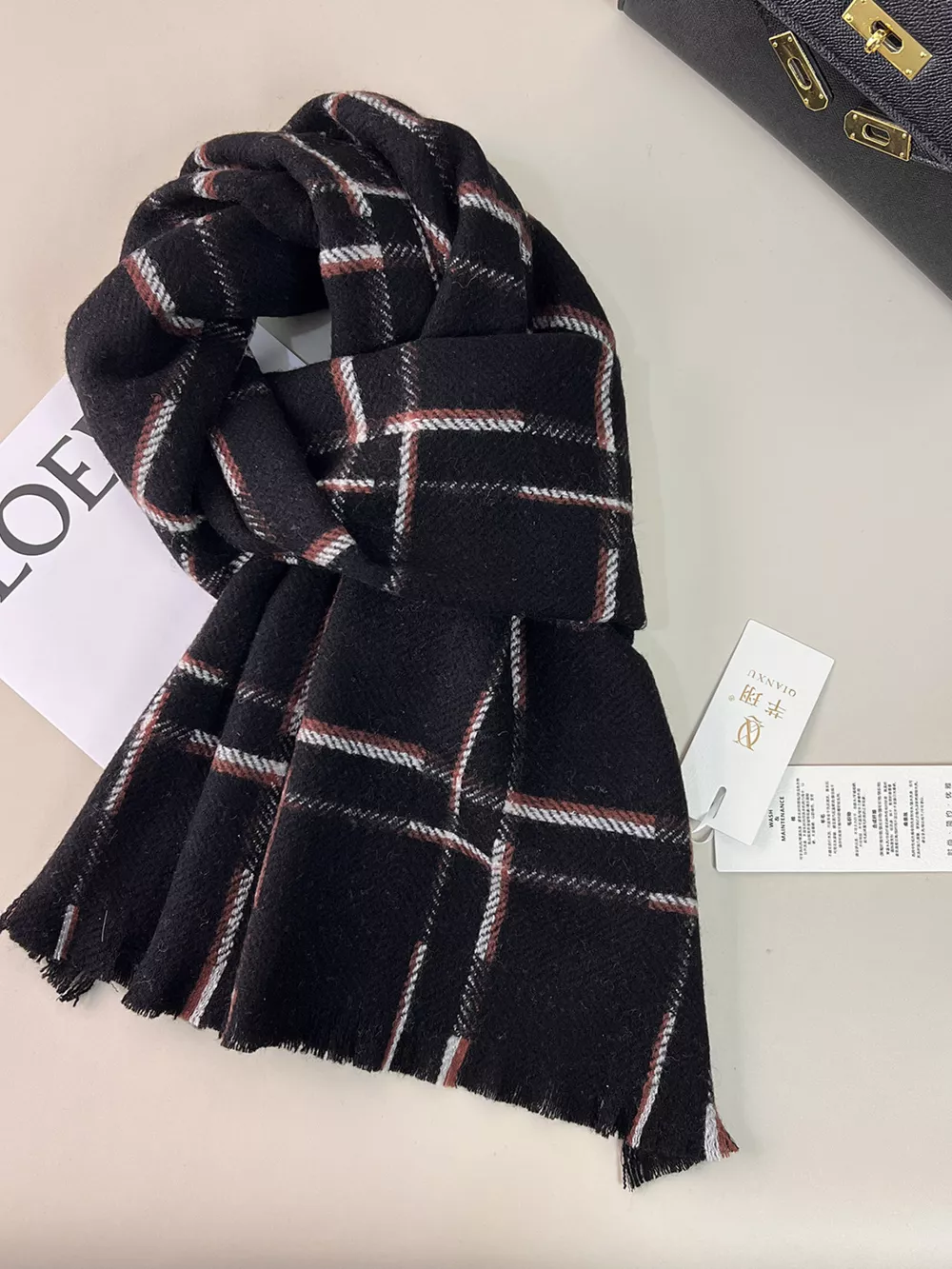 100% Wool Raw Hem Plaid Scarf