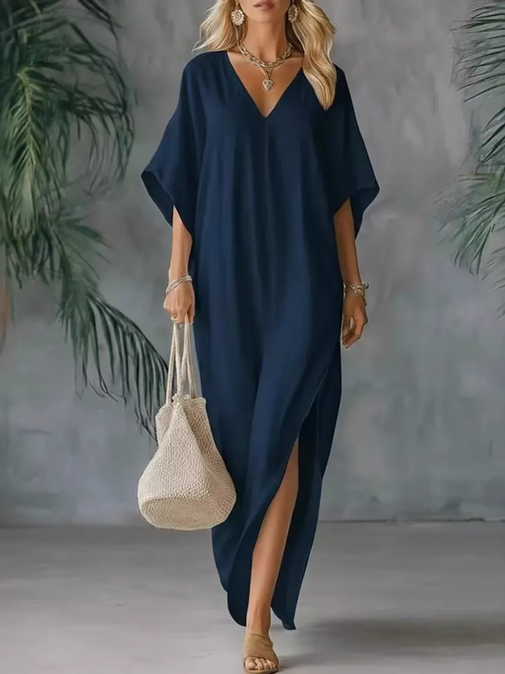 Full Size V-Neck Maxi Dress with Side Slits Plus Size, image 4