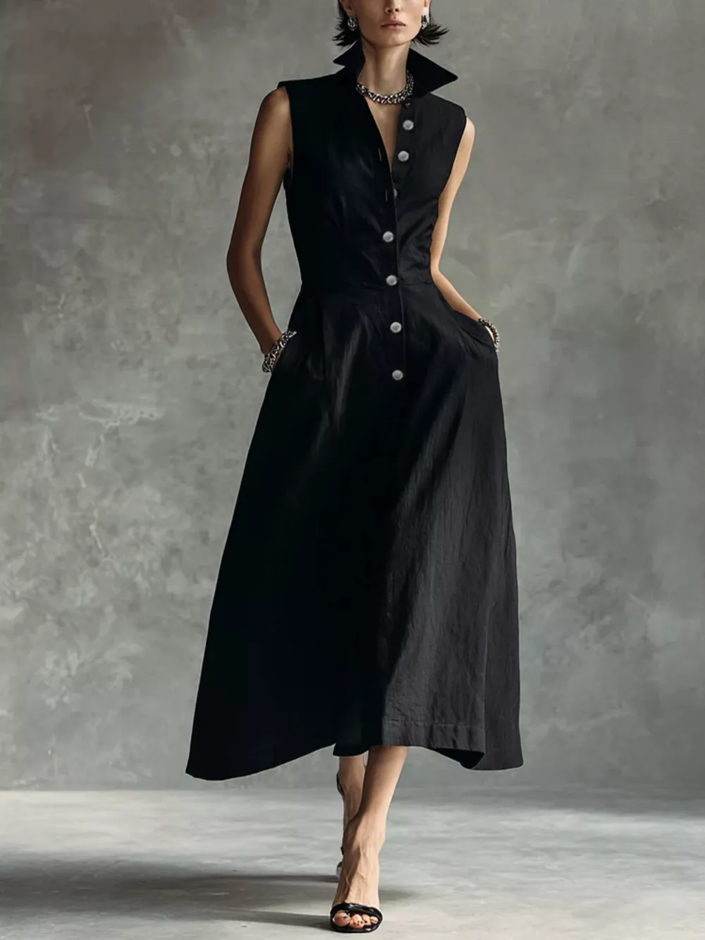 Sleeveless Button-Down Midi Shirt Dress