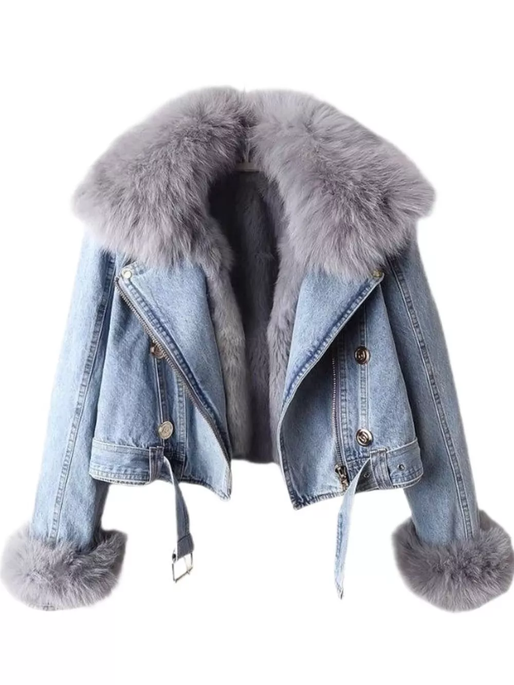 Full Size Faux Fur Collar Denim Jacket Plus Size, image 2