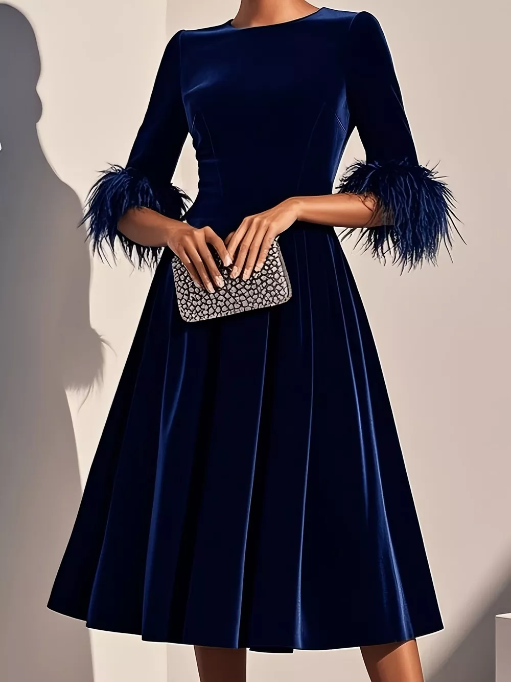 Velvet Midi Dress with Feather Cuffs