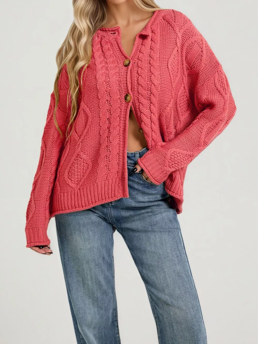 Cable-Knit Button-Down Cardigan, image 5