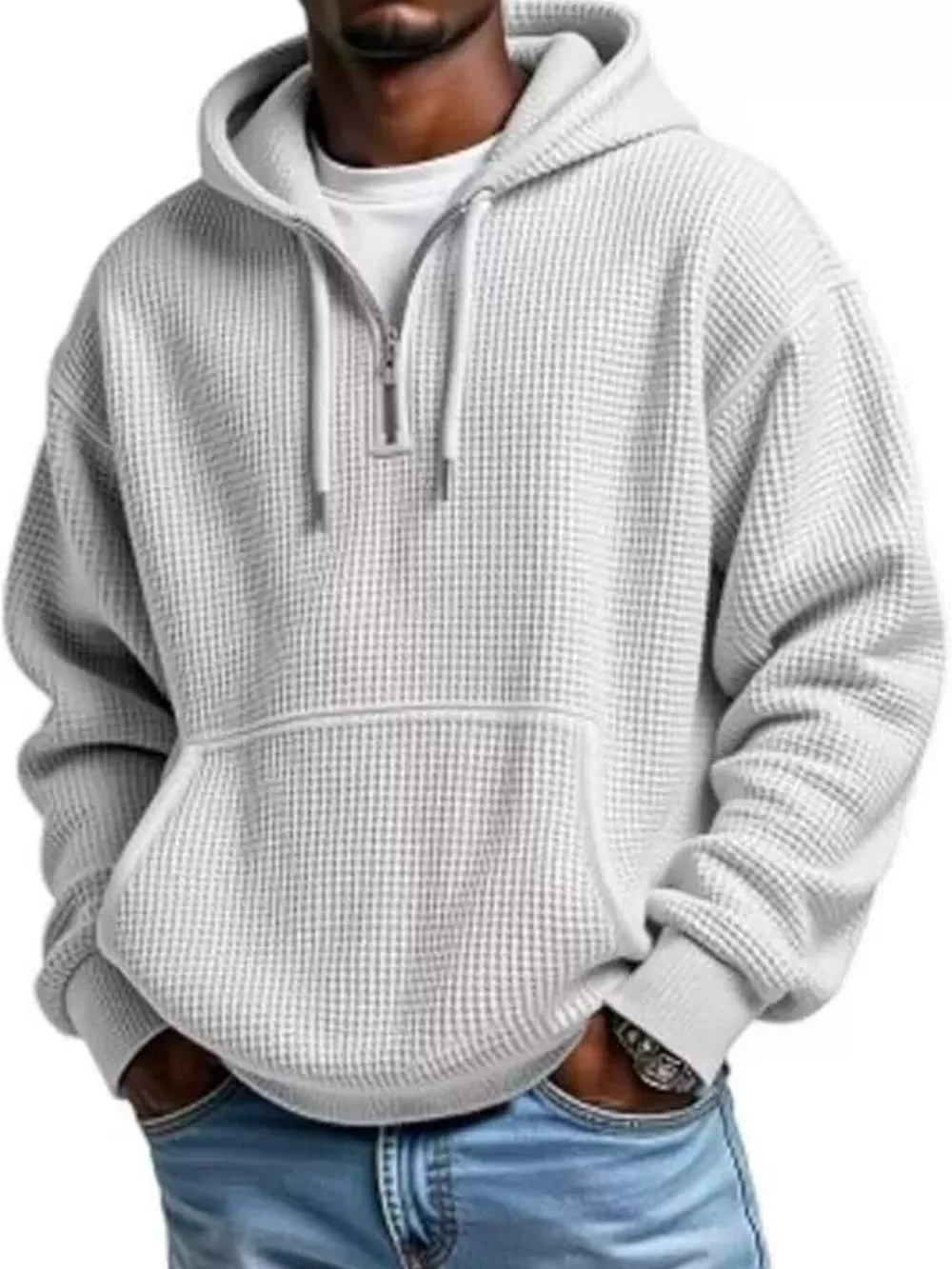 Men's Full Size Textured Waffle Knit Half-Zip Hoodie Plus Size, image 3