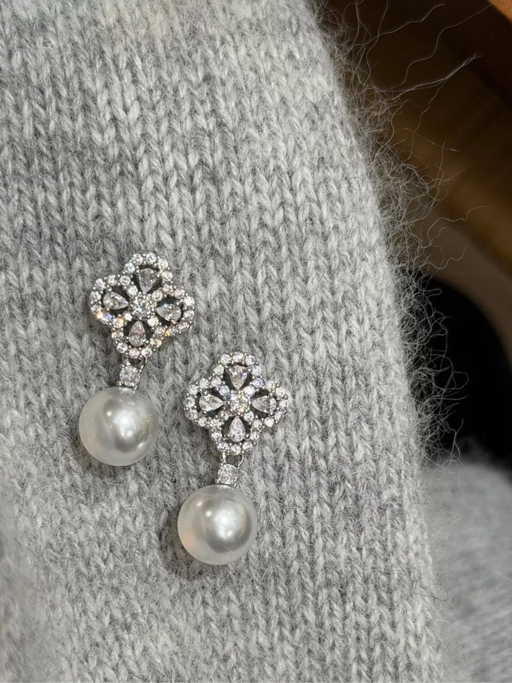 Zircon Four Leaf Clover Pearl Drop Earrings, image 3