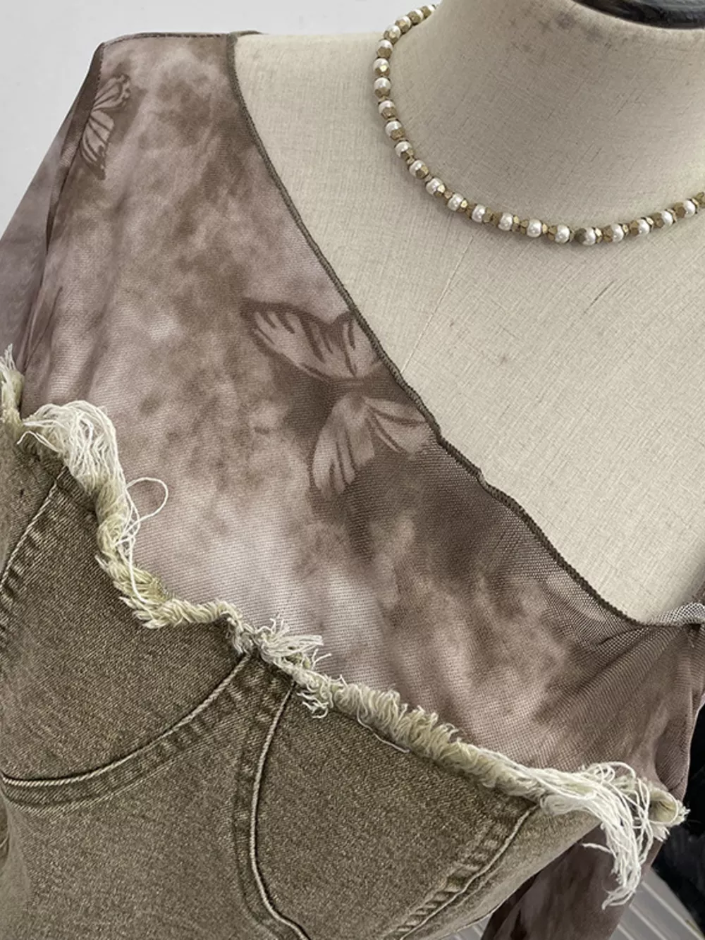 Asymmetrical Neck Denim Patchwork Top, image 7