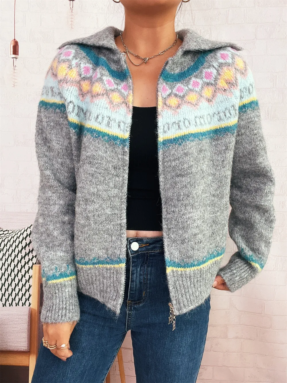 Fair Isle Pattern Zip-Up Cardigan, image 3