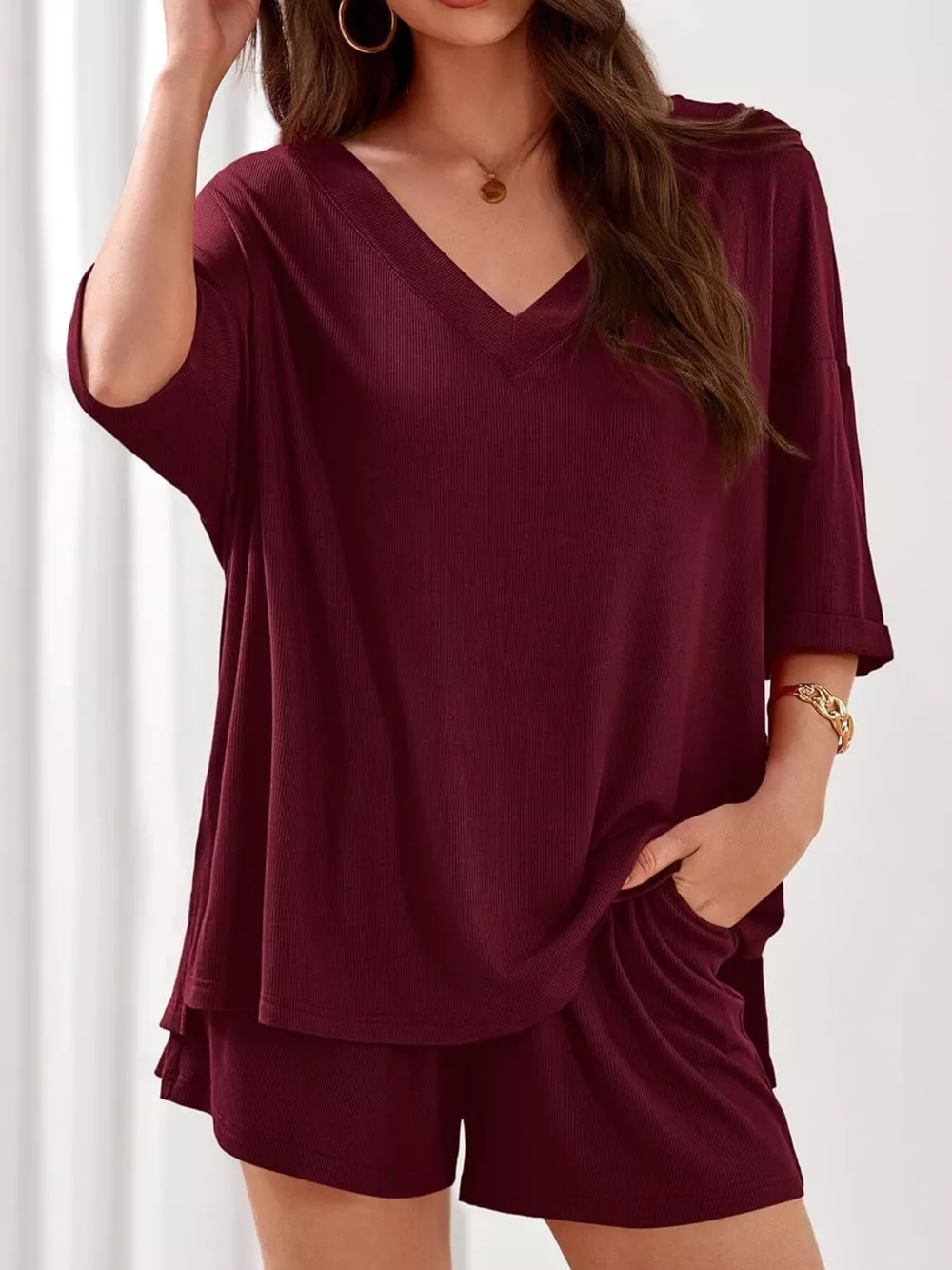 Casual Solid Color V-Neck Top & Shorts Set, image 17