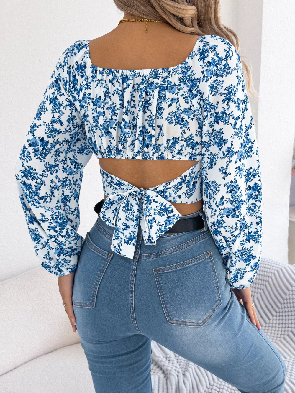 Floral Balloon Sleeve Square Neck Crop Blouse, image 8