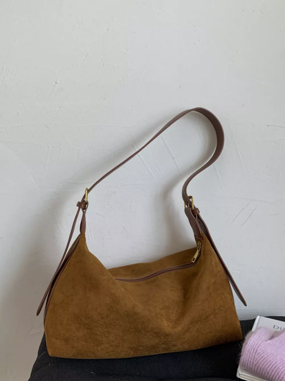Solid Color Suede Hobo Crossbody Bag, image 7