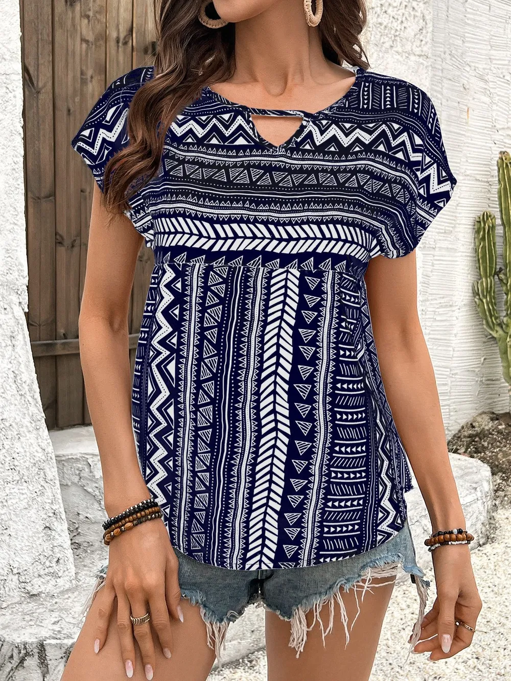 Geometric Print Short Sleeve Blouse, image 7