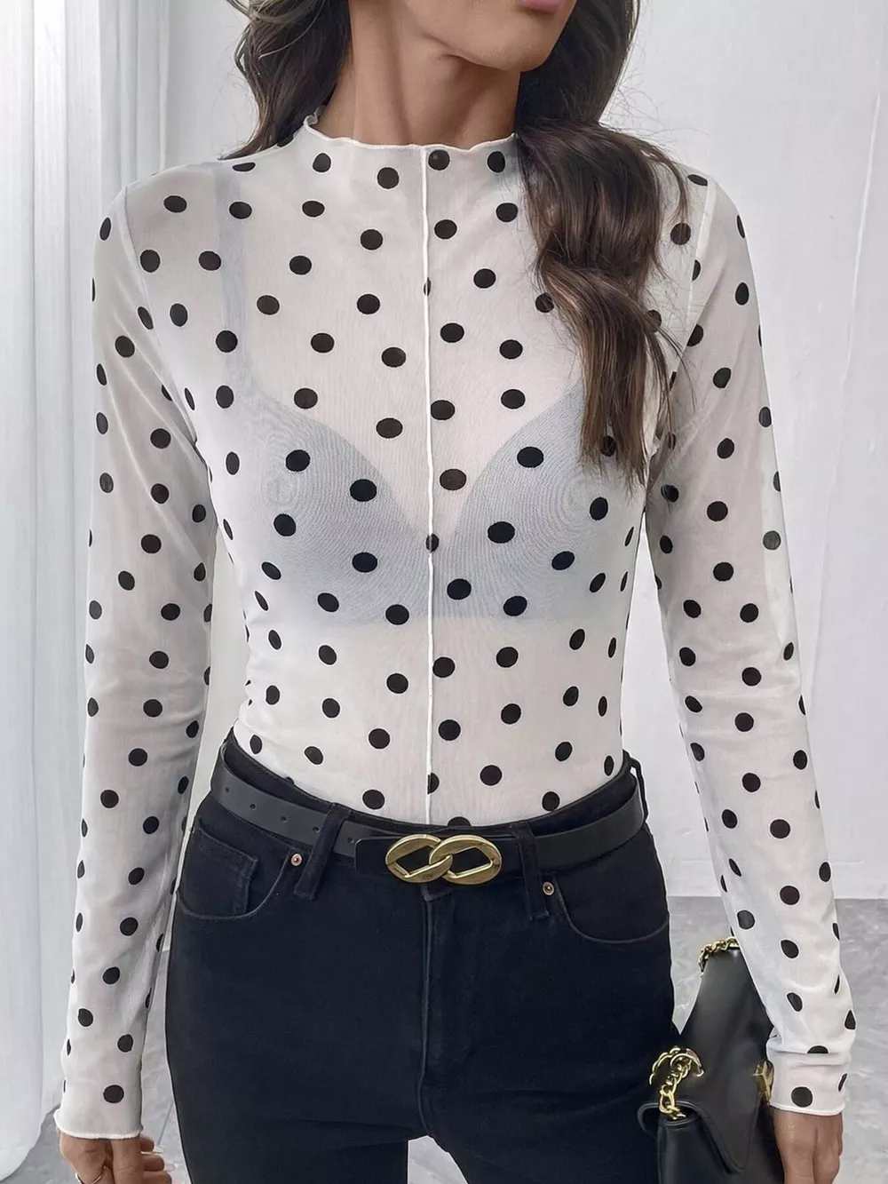 Sheer Polka Dot Long Sleeve Mock Neck Top, image 6