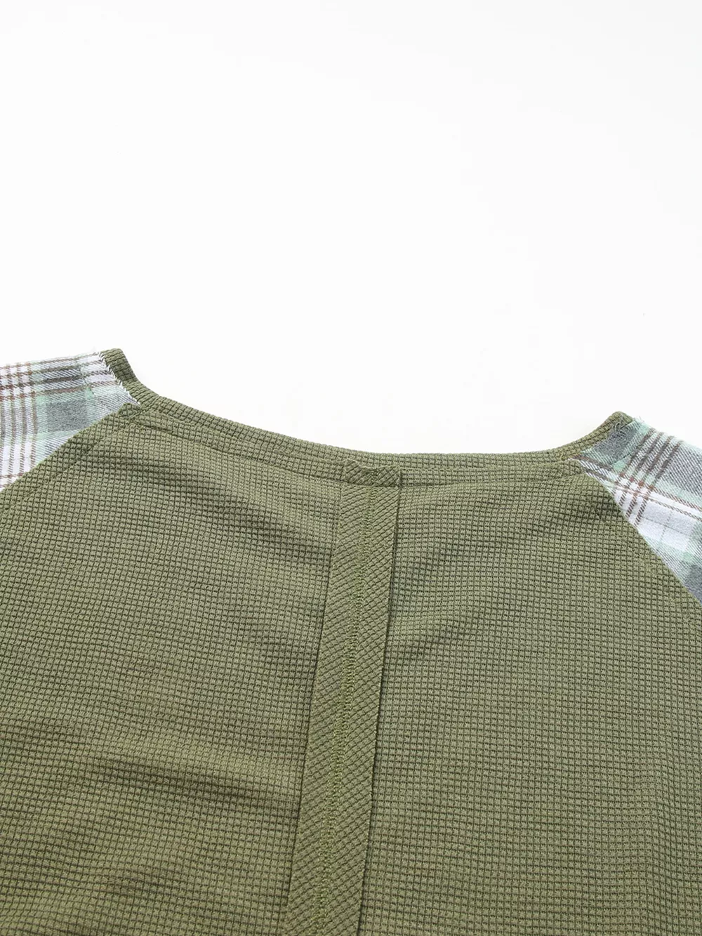 Plaid Patch Waffle Knit Exposed Seam Bubble Sleeve Top, image 8