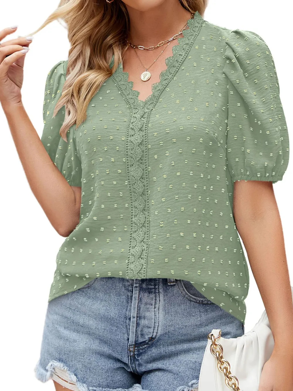 Puff Sleeve Swiss Dot Lace Trim Blouse, image 10