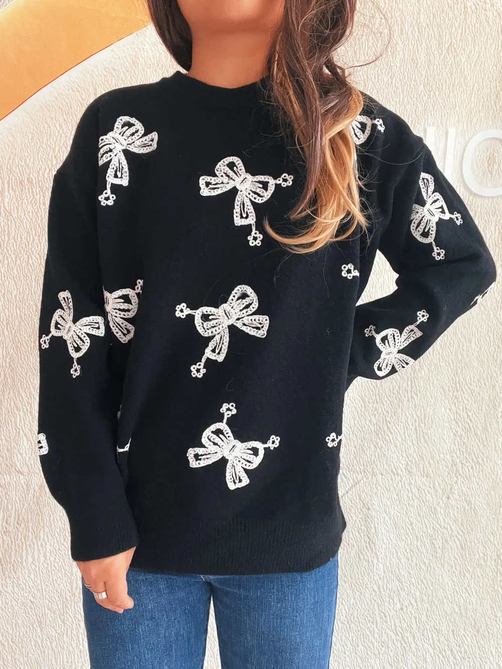 Bow Round Neck Long Sleeve Sweater, image 6