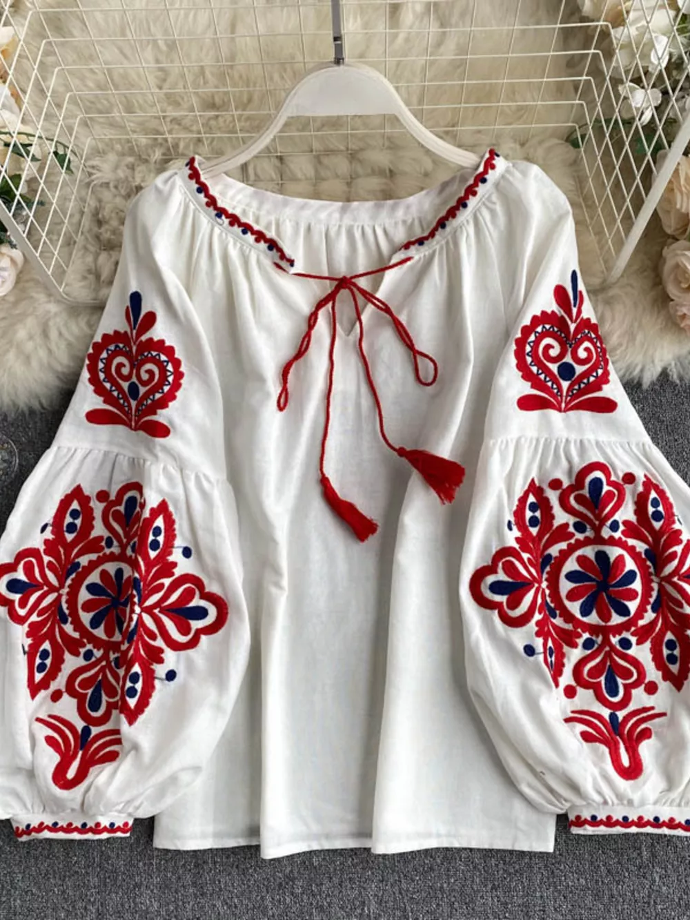 Embroidered Tassel Tie Neck Blouse, image 7