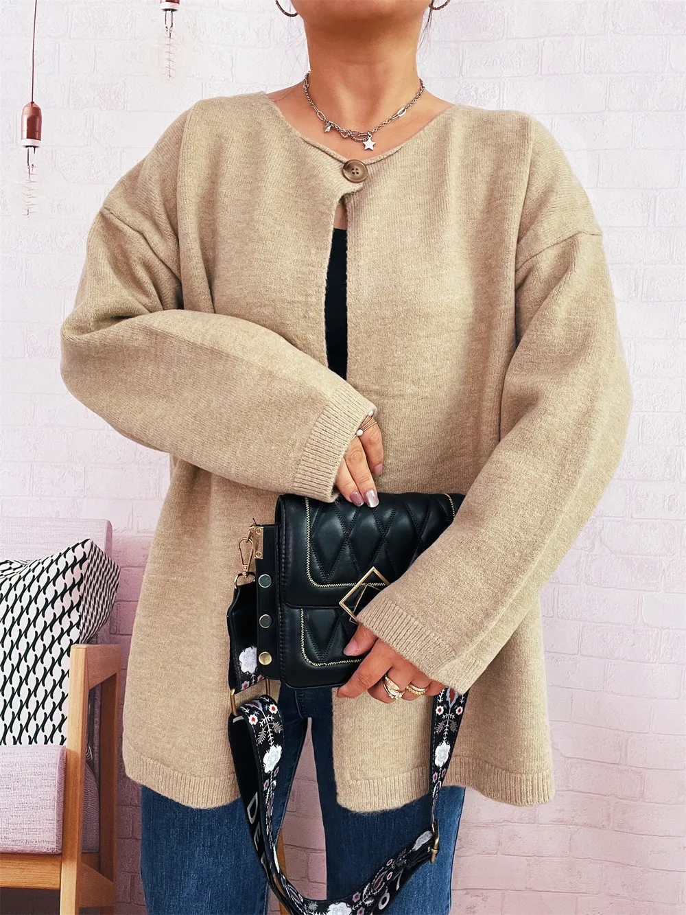 One Button Front Drop Shoulder Cardigan, image 12