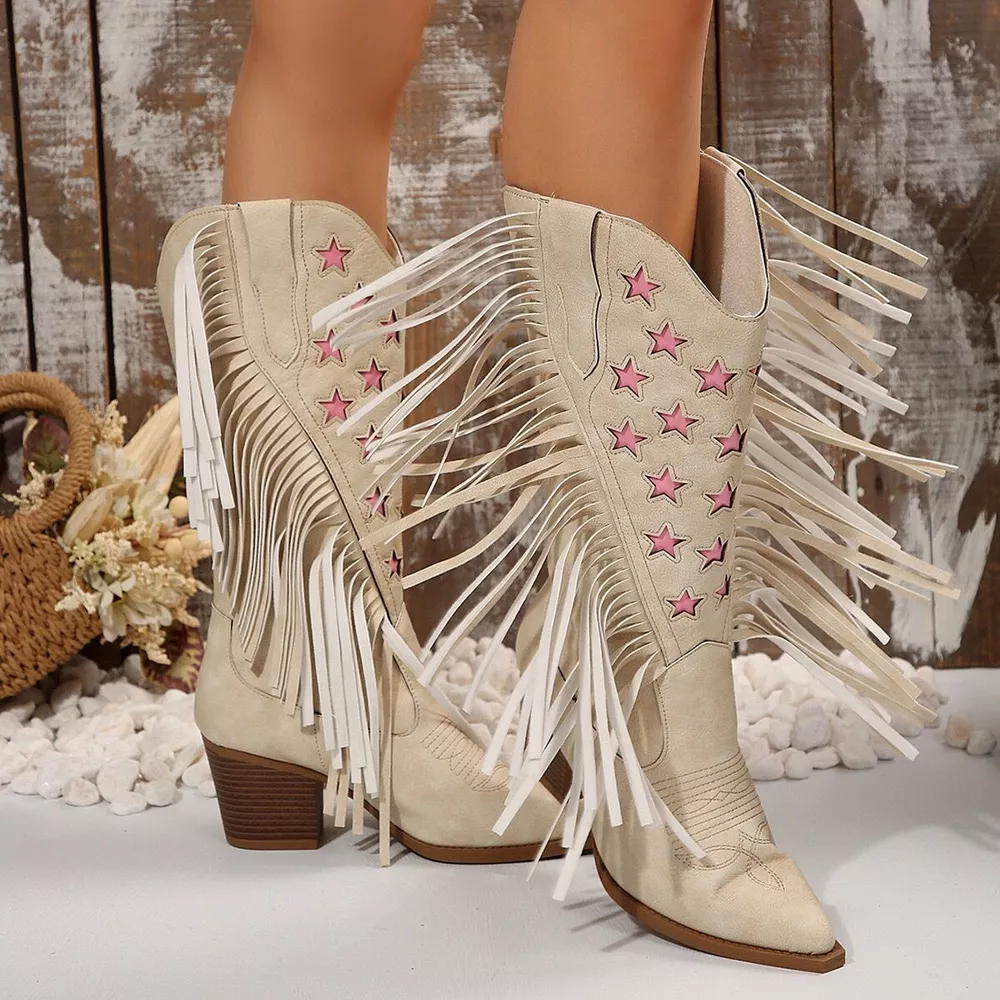 Star Fringe Block Heel Boots, image 5