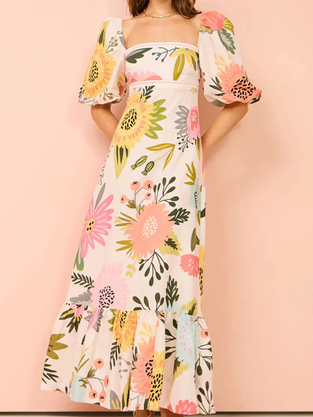 Floral Square Neck Puff Sleeve Maxi Dress with Ruffle Hem, image 3