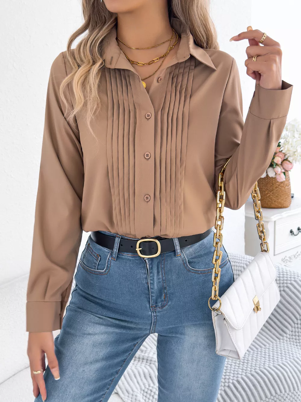 Pleated Front Long Sleeve Shirt, image 3