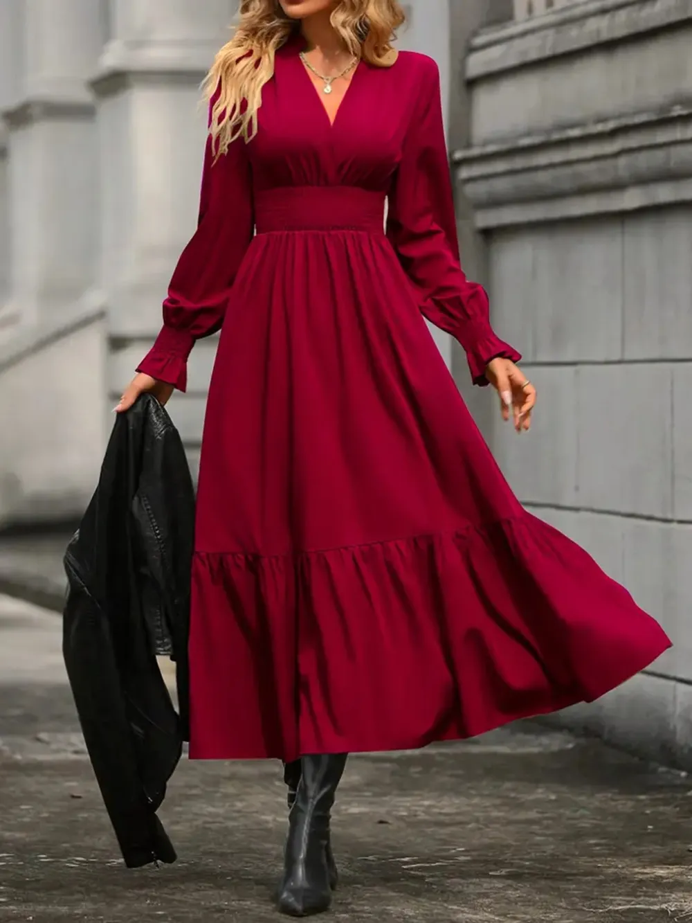 Notched Long Sleeve Tiered Dress, image 12