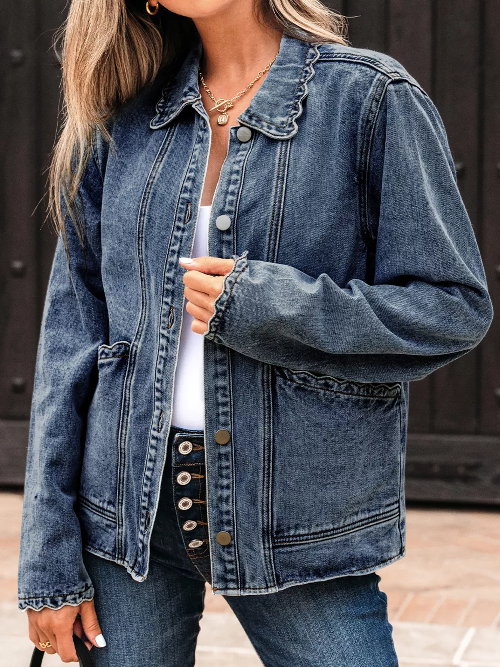 Scallop Trim Collar Patched Pocket Button Up Denim Jacket, image 13