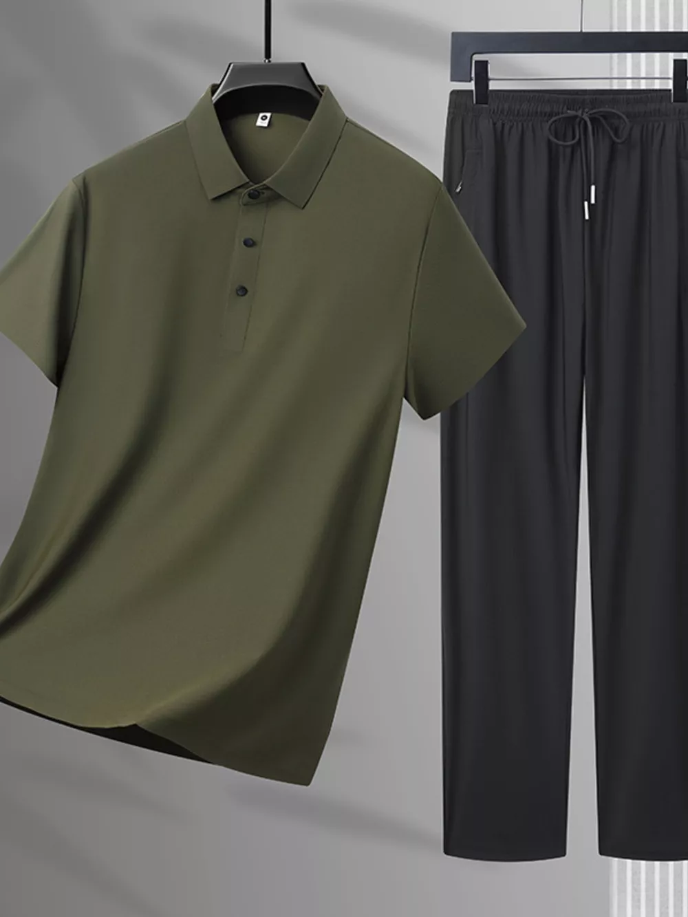Men's Plus Size Button Detail Polo and Pants Set, image 3