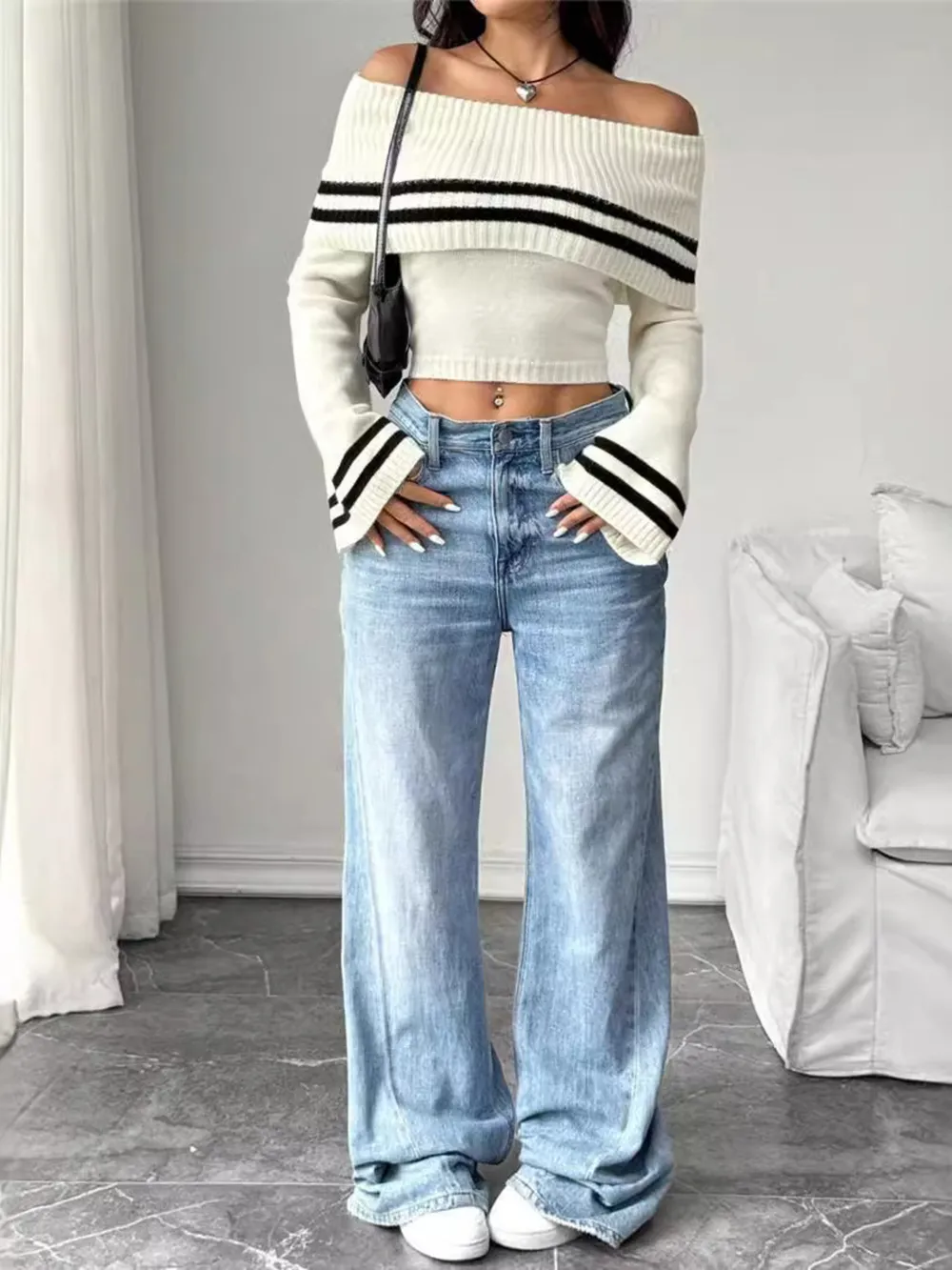 Ribbed Off-Shoulder Striped Knit Top, image 6
