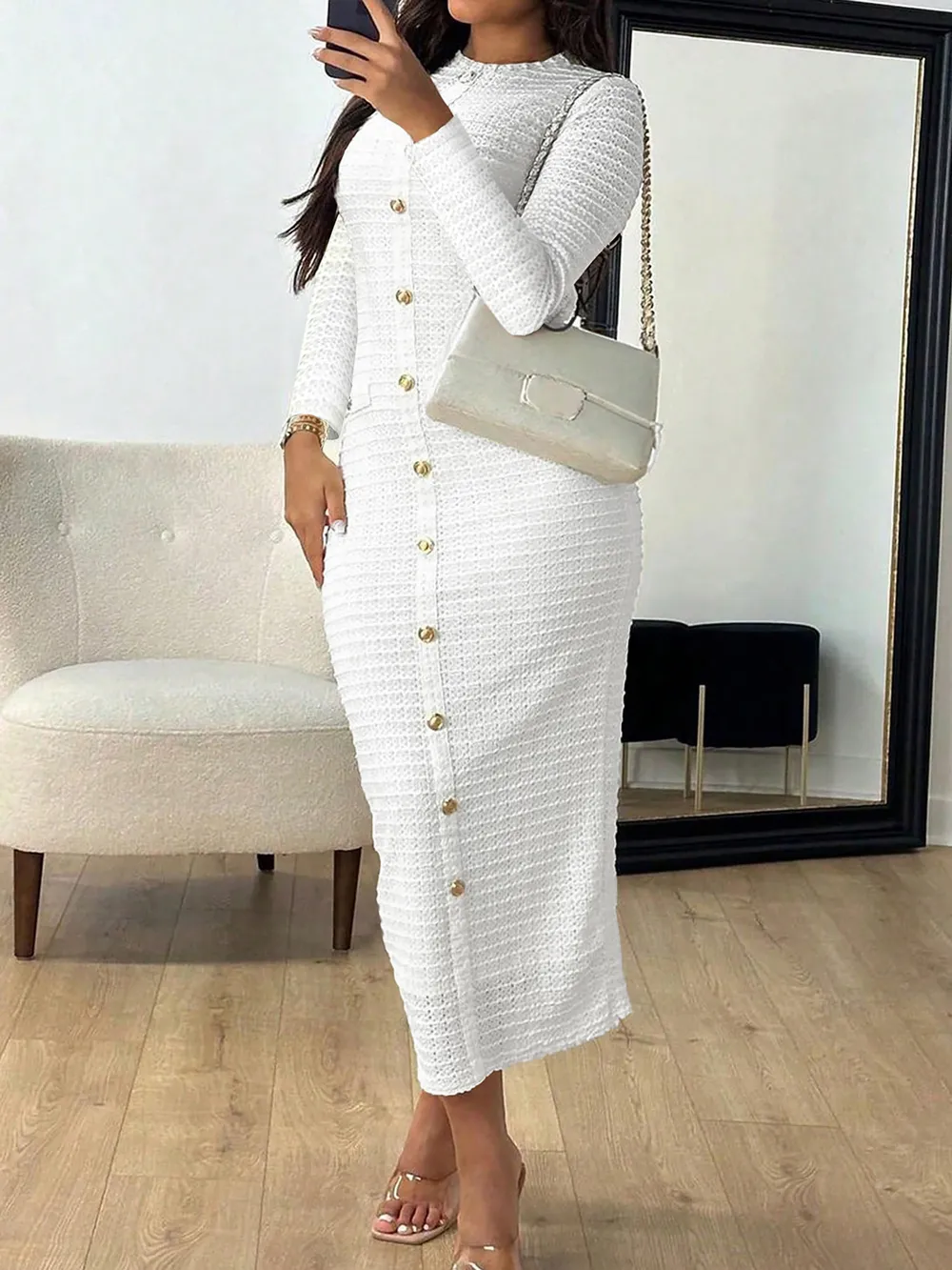 Textured Long Sleeve Midi Dress, image 2
