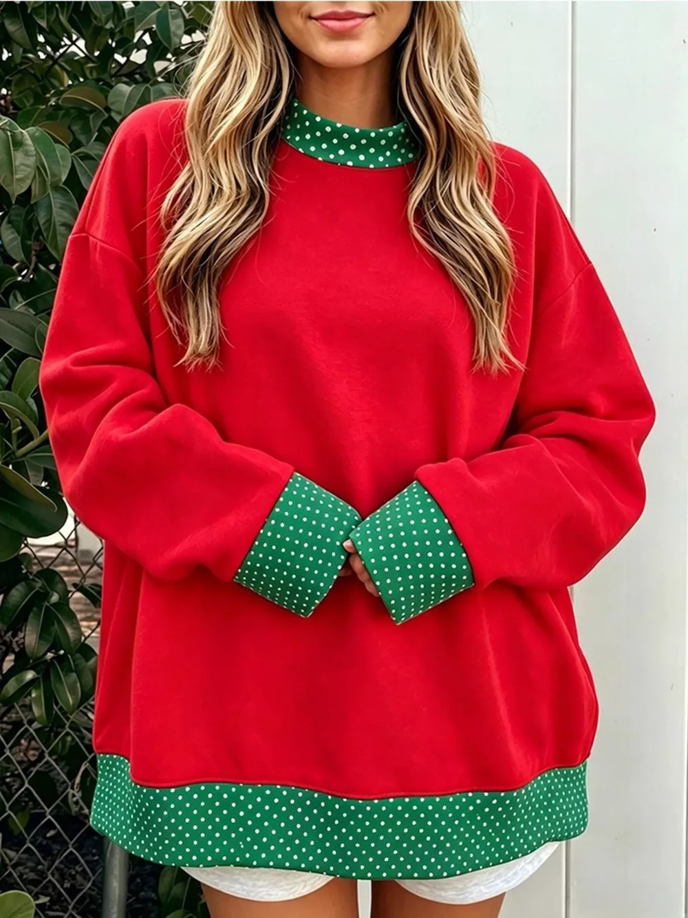 Polka Dot Contrast Trim Dropped Shoulder Sweatshirt, image 3