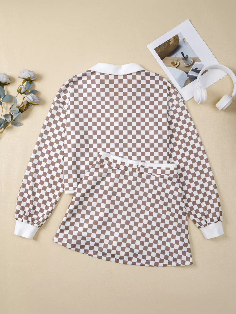 Checkered Print Polo Collar Cropped Long Sleeve Top and Drawstring Mini Skirt Set, image 5
