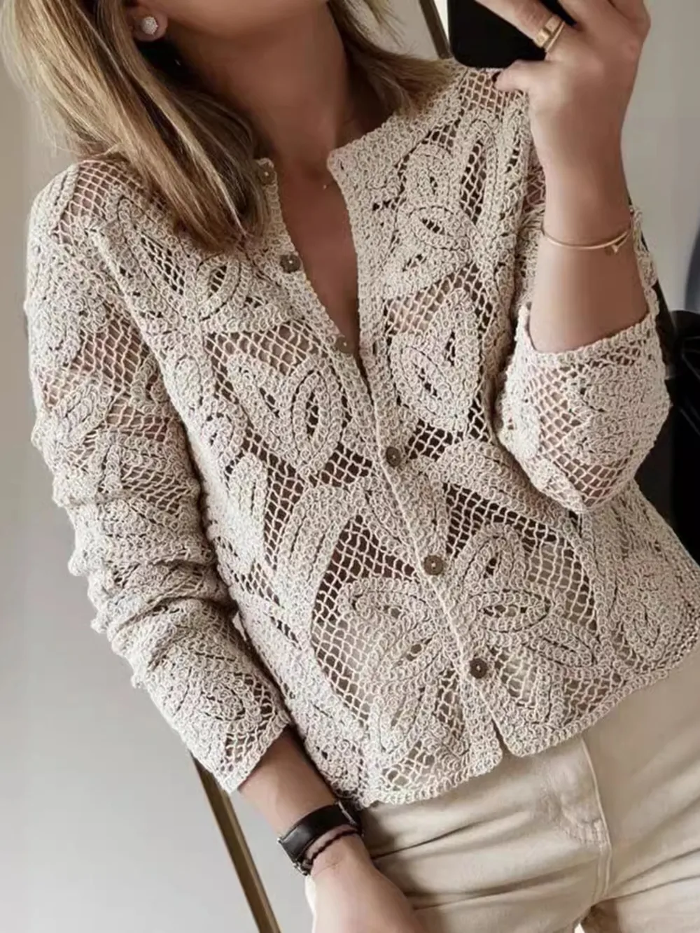 Lace Button-Up Long Sleeve Shirt, image 2