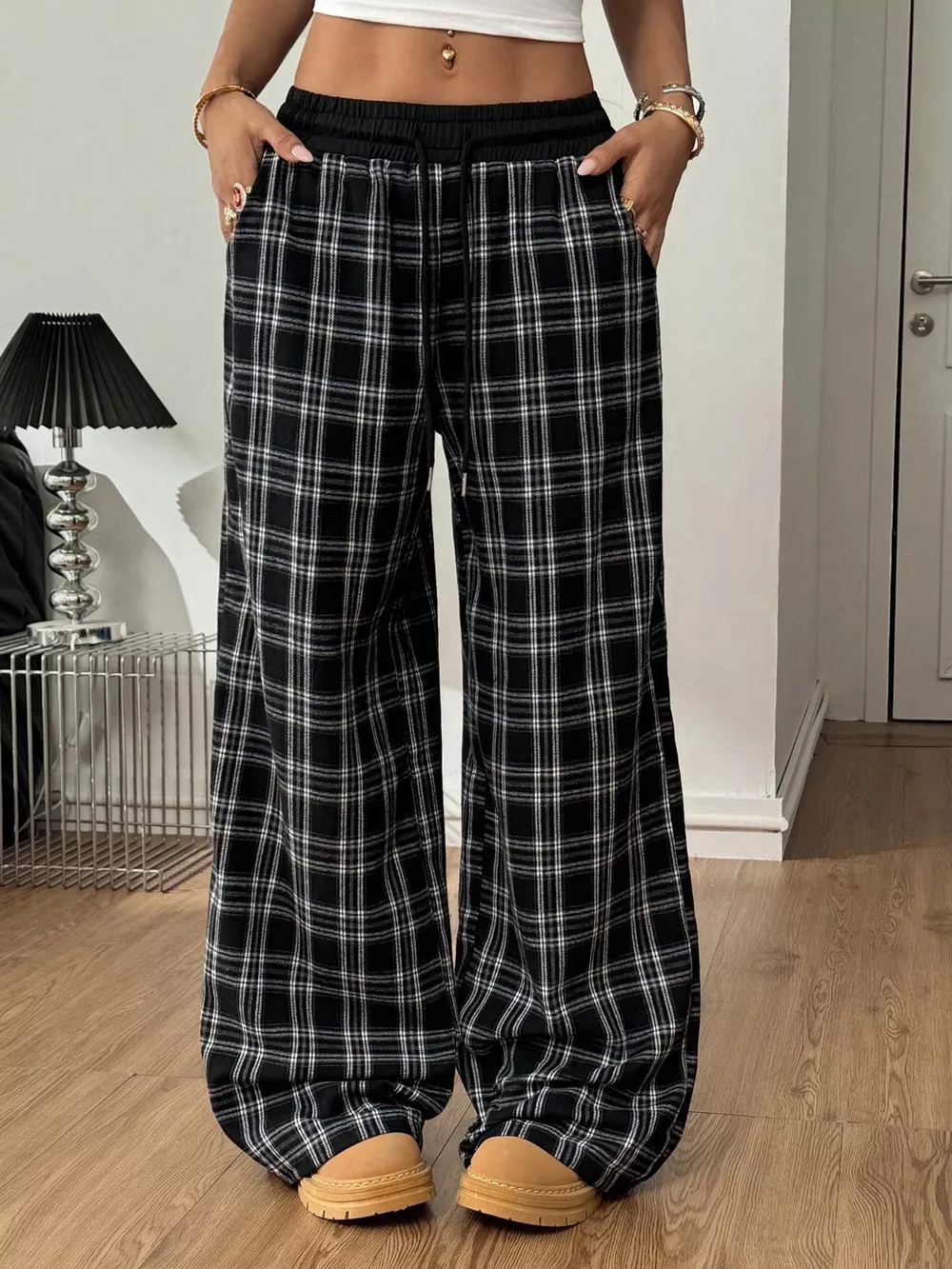 Plaid Wide-Leg Pants with Elastic Waistband, image 7