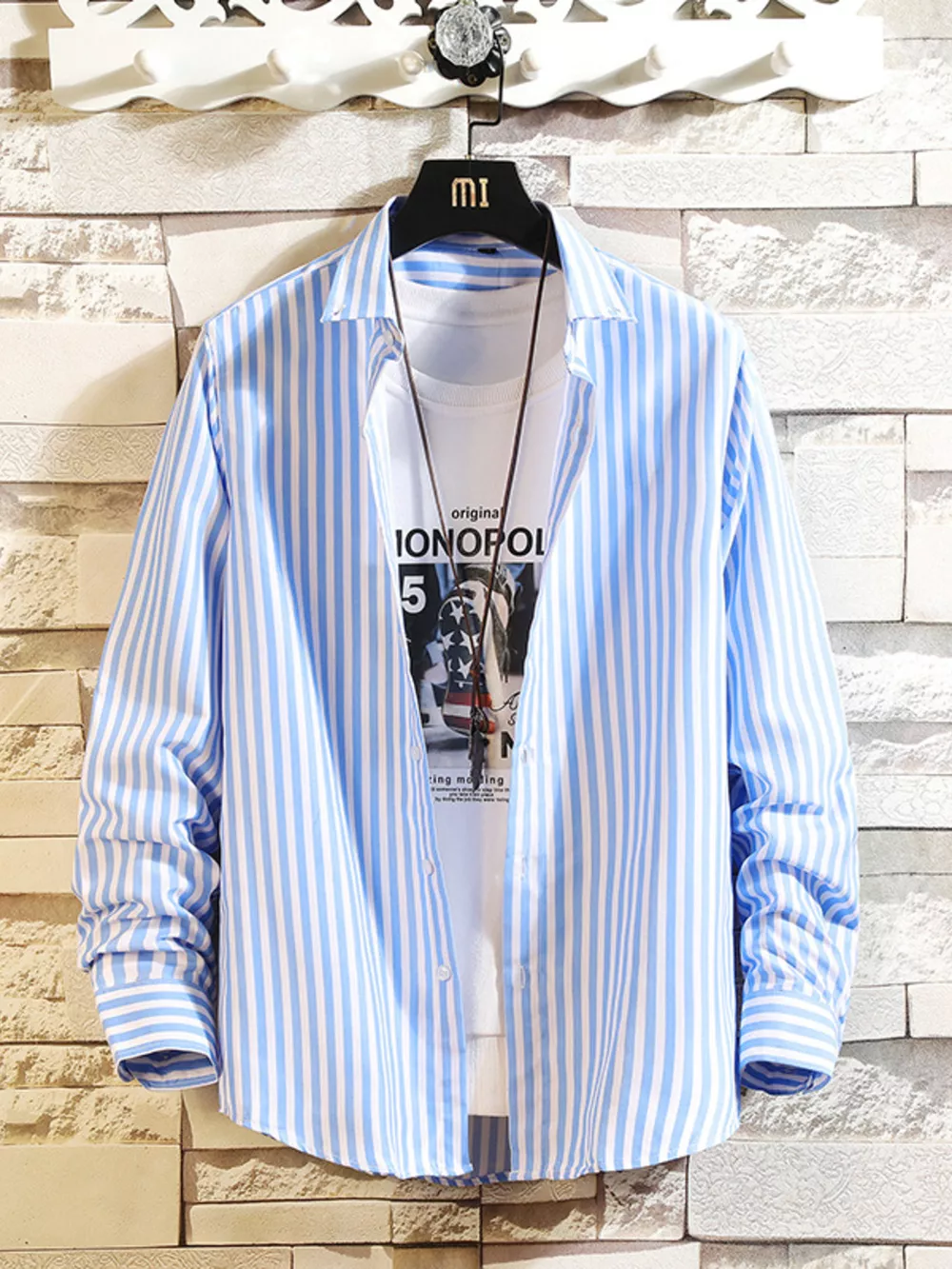 Men's Plus Size Striped Button Up Casual Shirt, image 5
