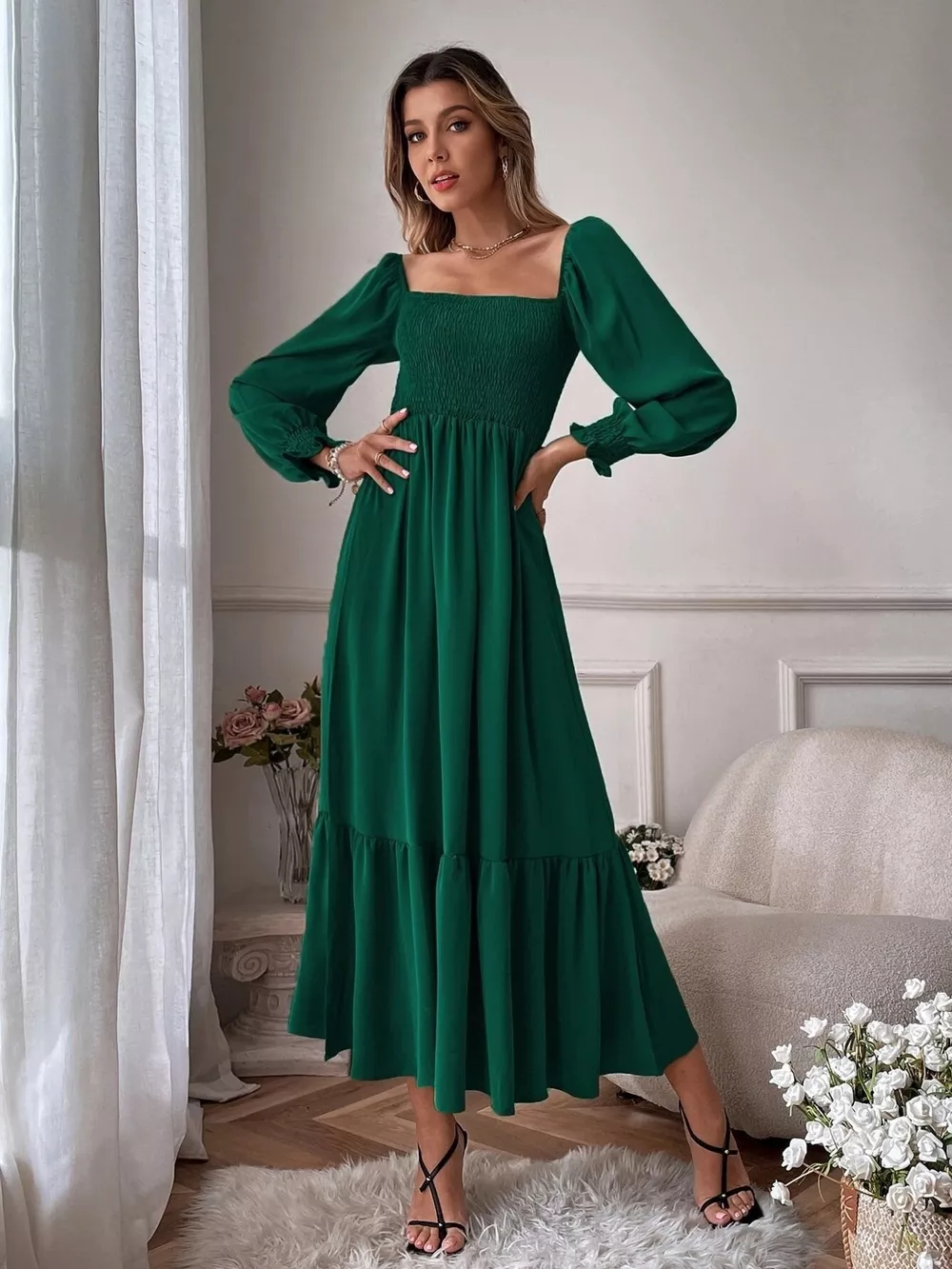 Smocked Long Sleeve Midi Dress, image 4