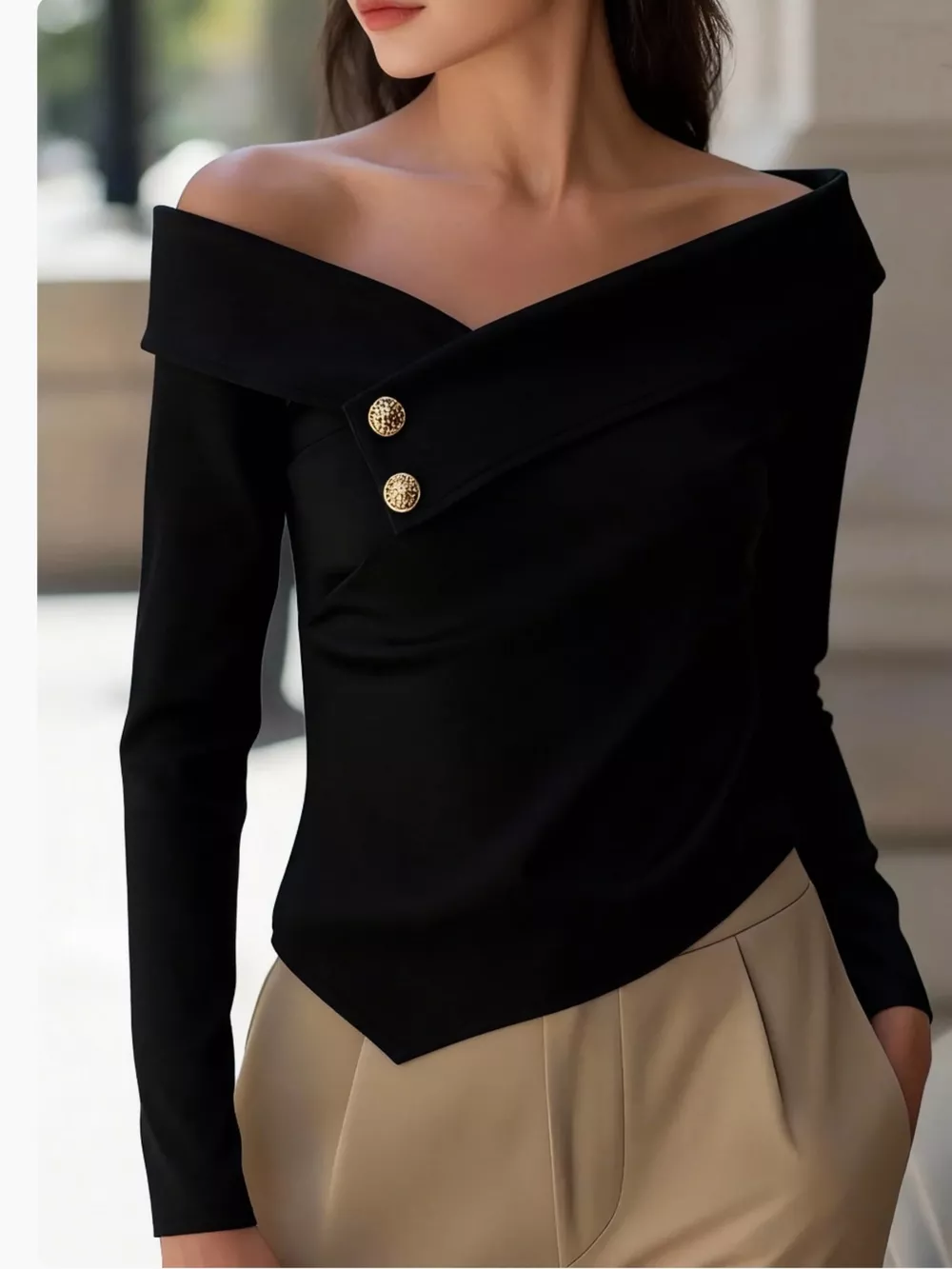 Off-Shoulder Button Decor Blouse, image 4