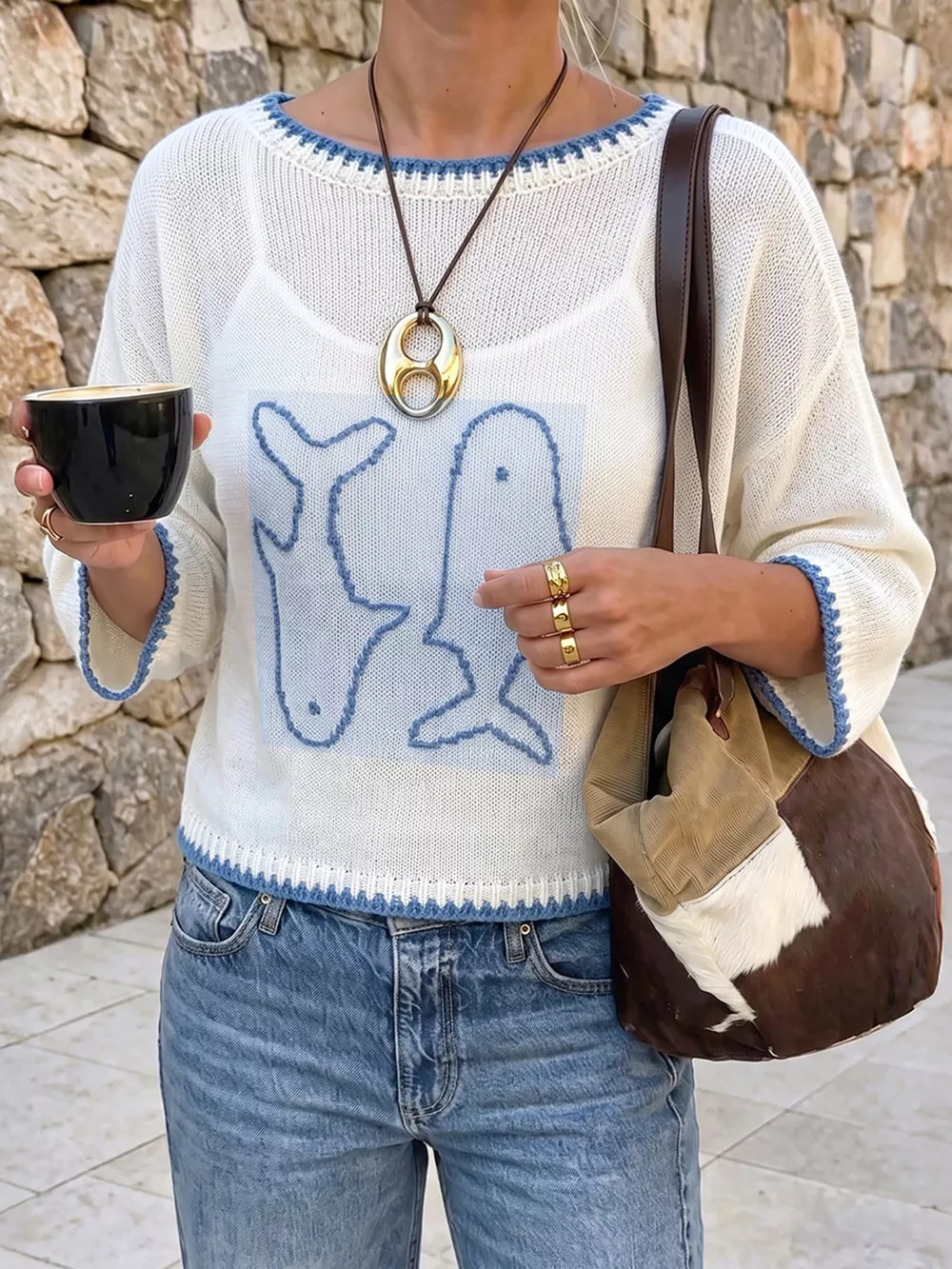 Fish Contrast Trim Knit Top, image 4